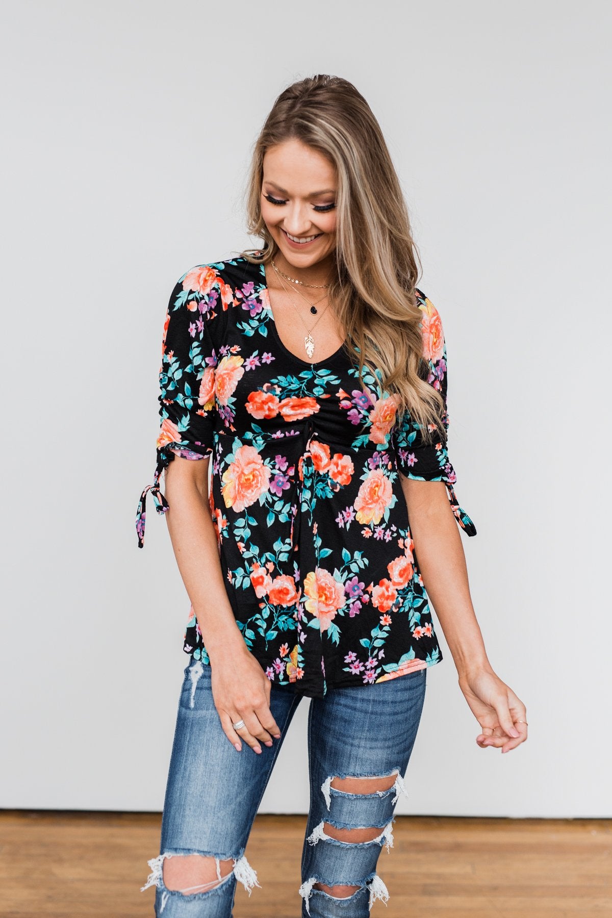 Day Dreaming Floral Cinched Top- Black