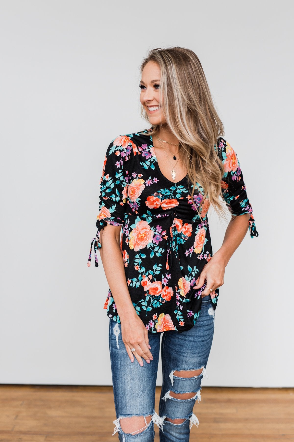 Day Dreaming Floral Cinched Top- Black