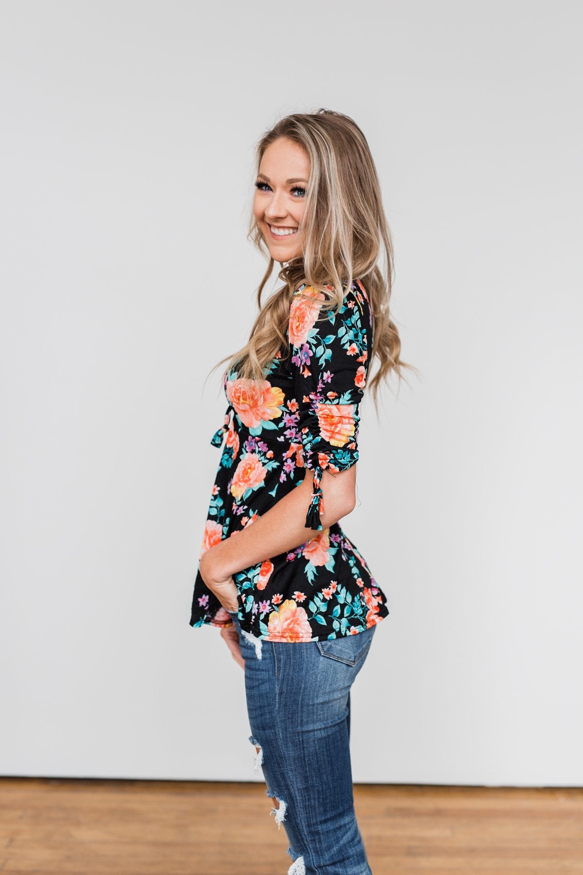 Day Dreaming Floral Cinched Top- Black