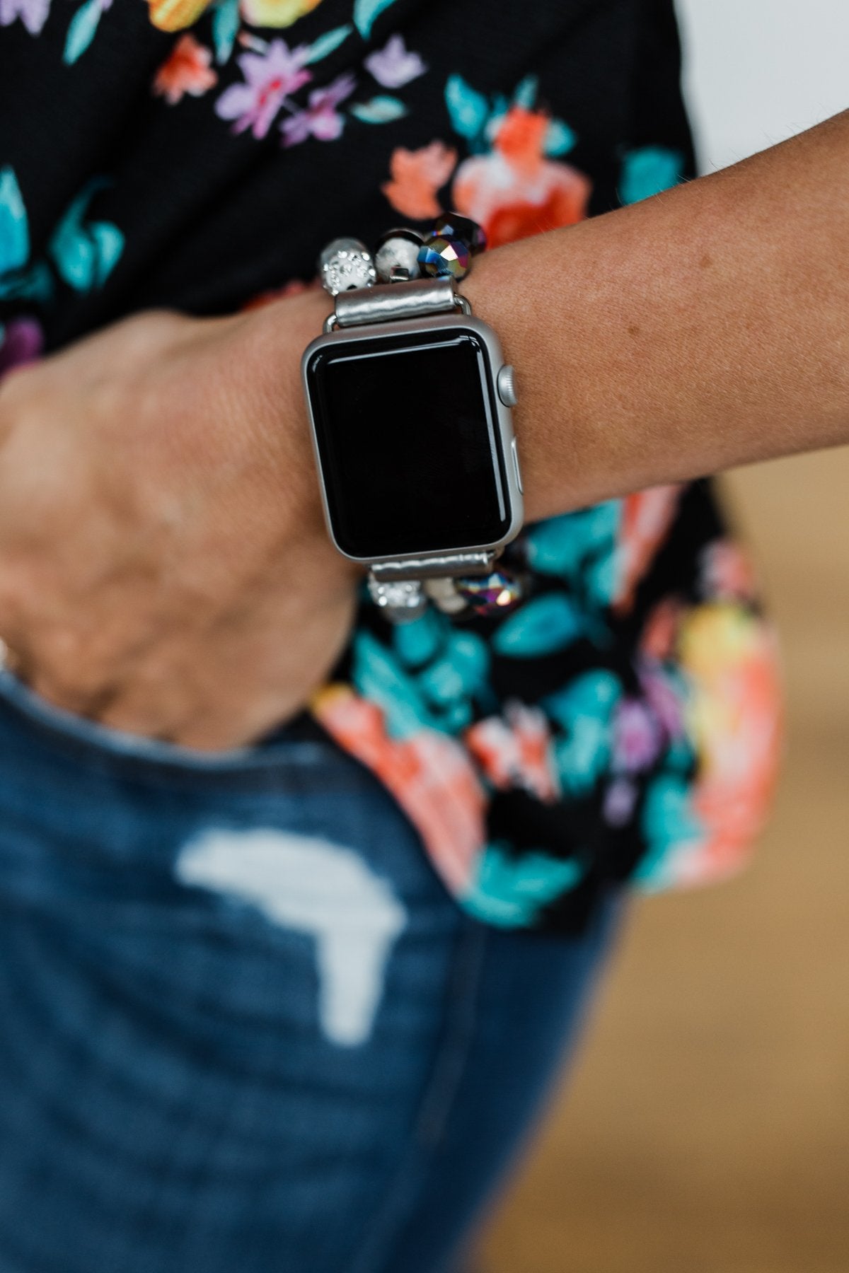 Beaded Watch Band- Black, Grey, & Ivory