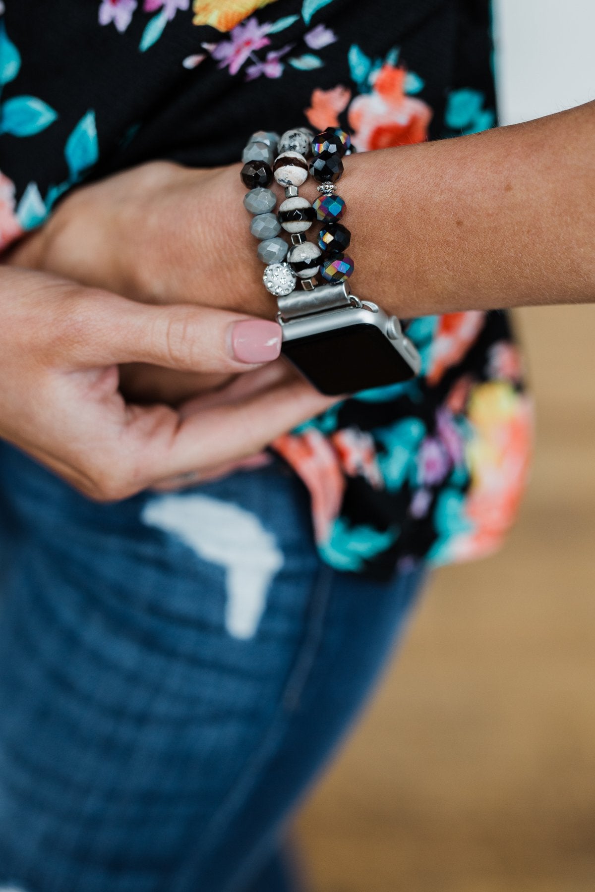 Beaded Watch Band- Black, Grey, & Ivory
