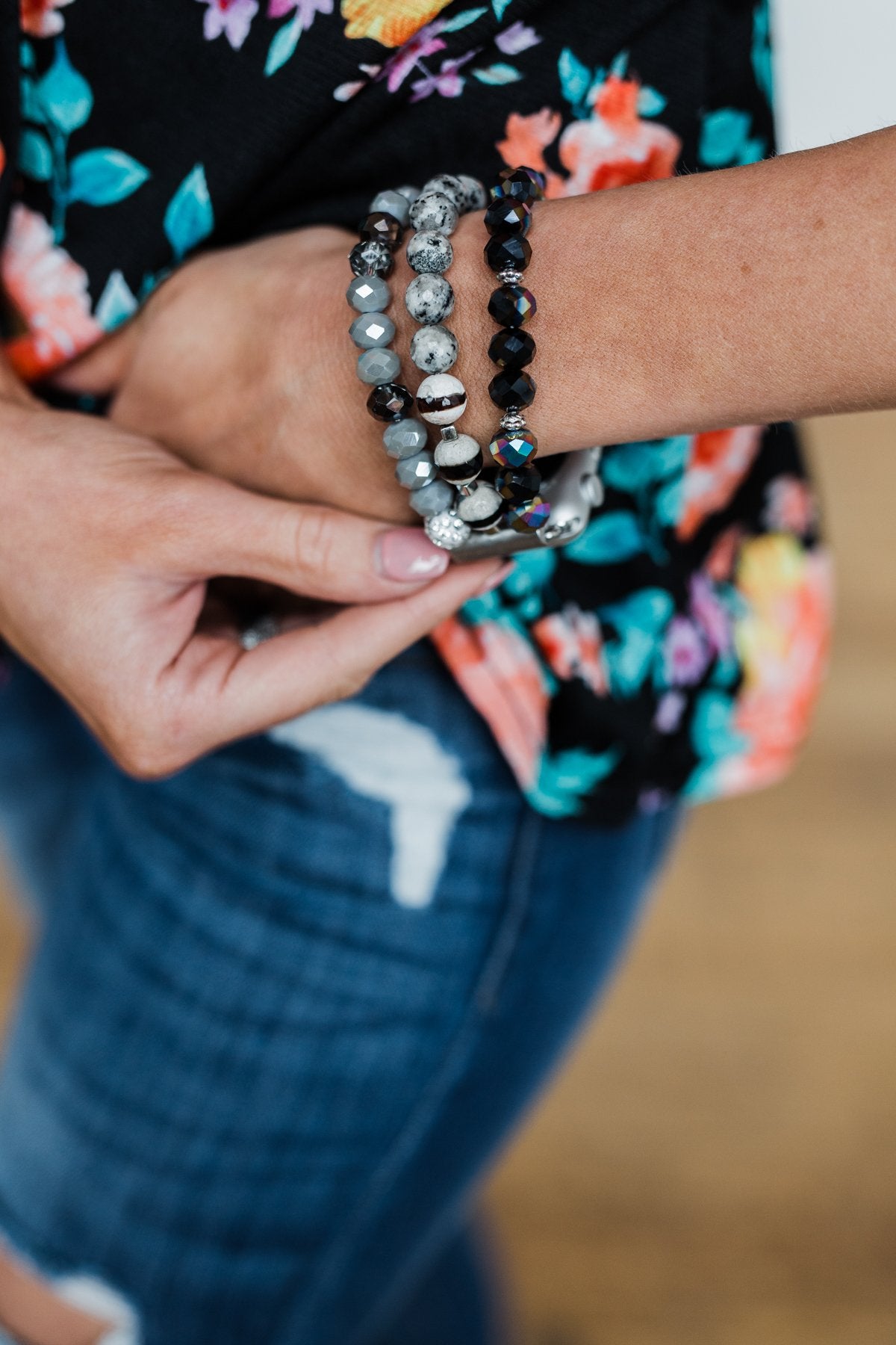 Beaded Watch Band- Black, Grey, & Ivory
