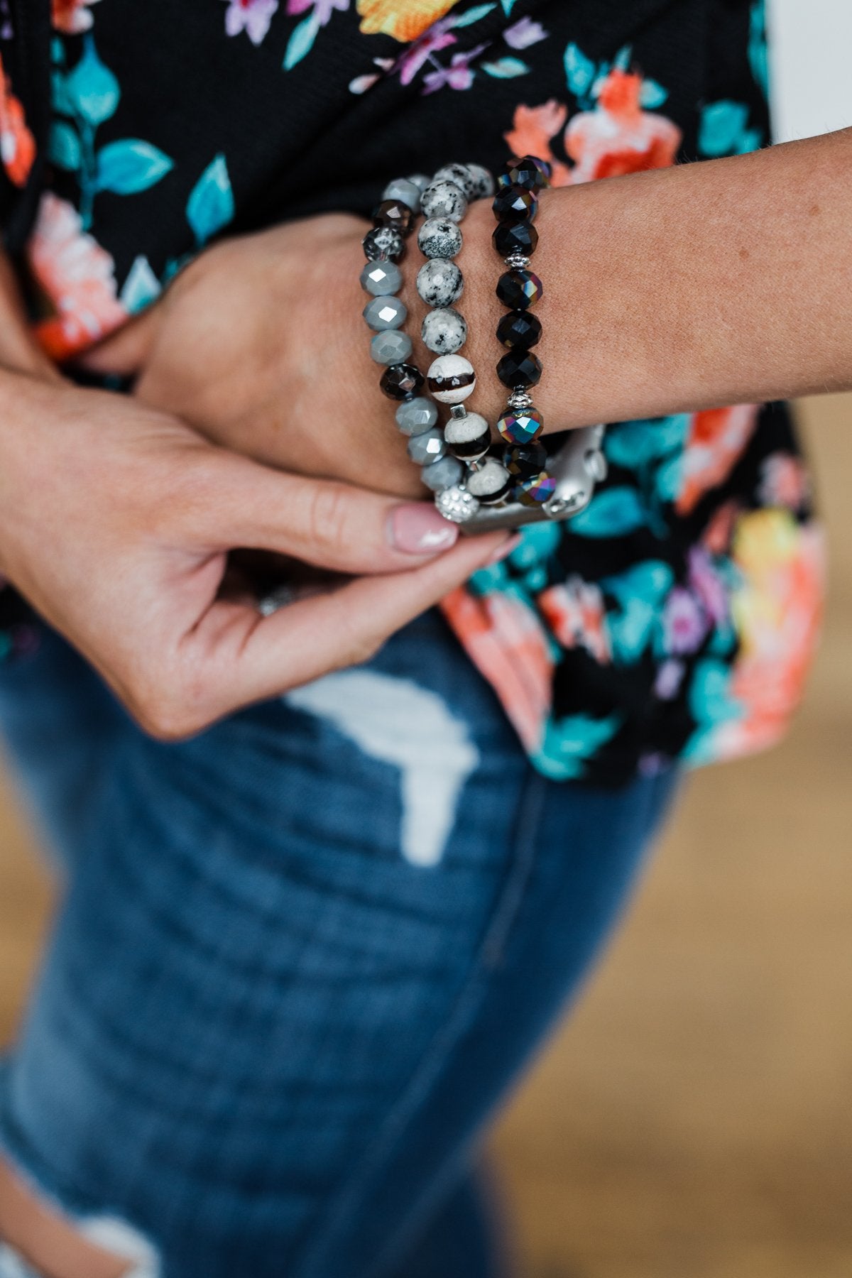Beaded Watch Band- Black, Grey, & Ivory