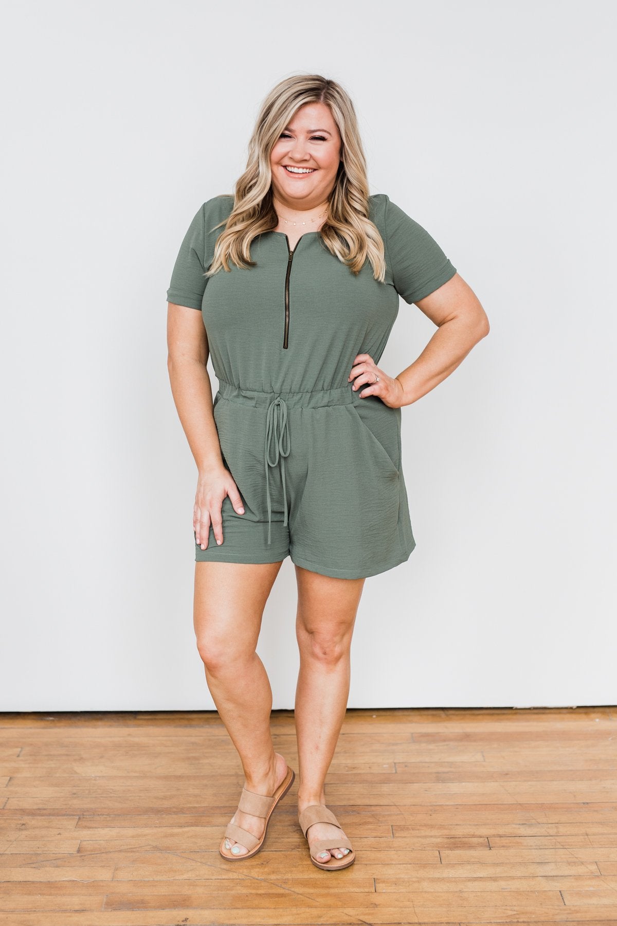 Adventure Awaits Half-Zip Romper- Olive