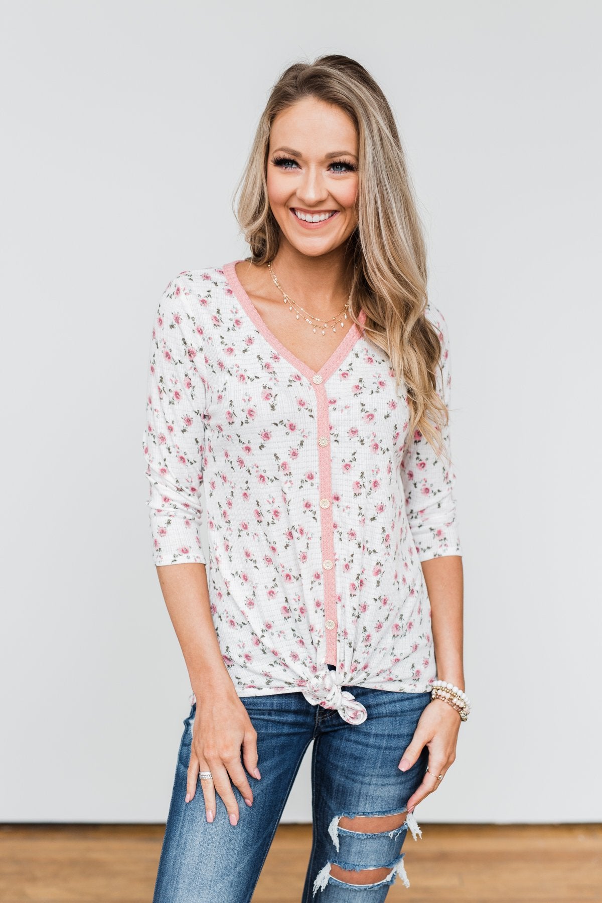 Everything To Me Floral Knit 3/4 Sleeve Top- Ivory