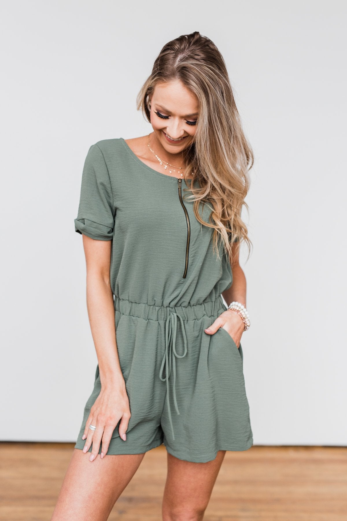 Adventure Awaits Half-Zip Romper- Olive