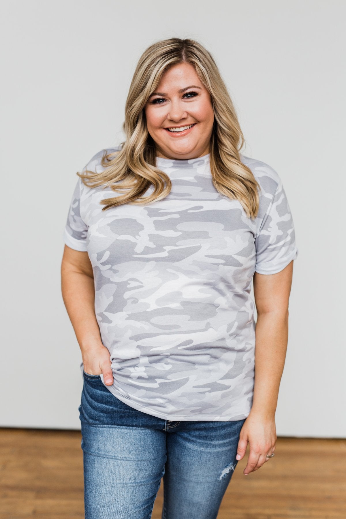 Catching Up With You Camo Top- Grey