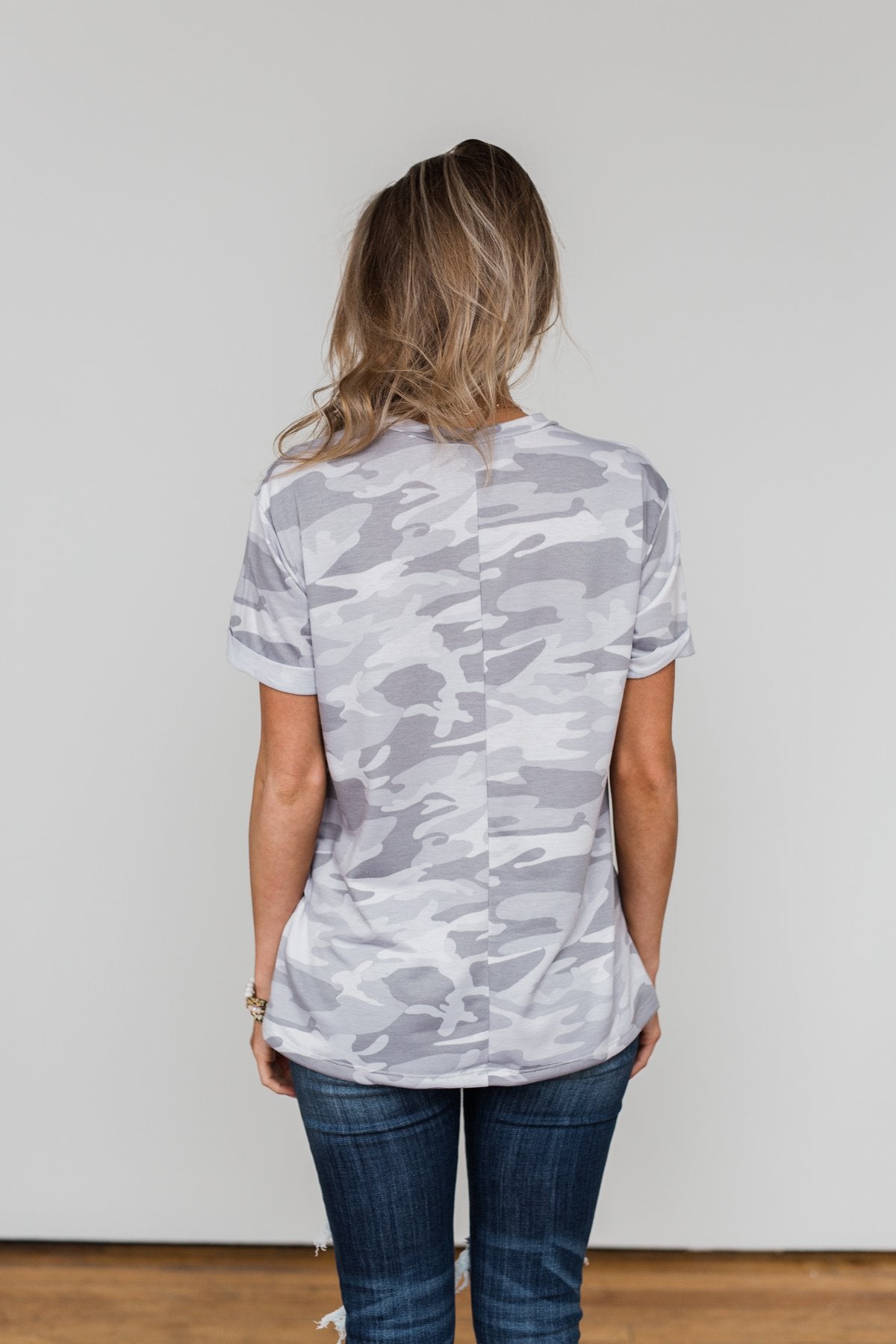 Catching Up With You Camo Top- Grey