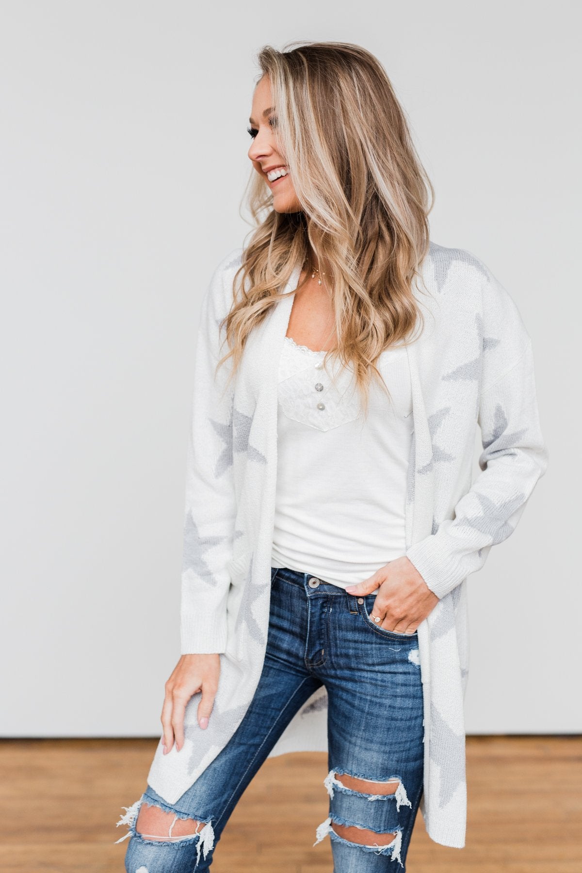 Shoot For The Stars Knit Cardigan- Ivory & Grey