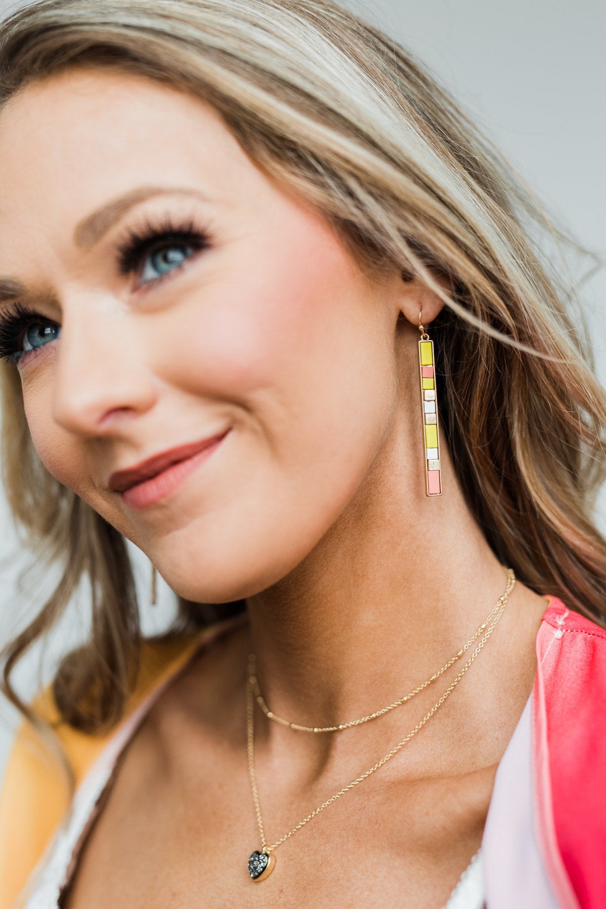 Colorful Bar Gold Earrings- Yellow & Mauve