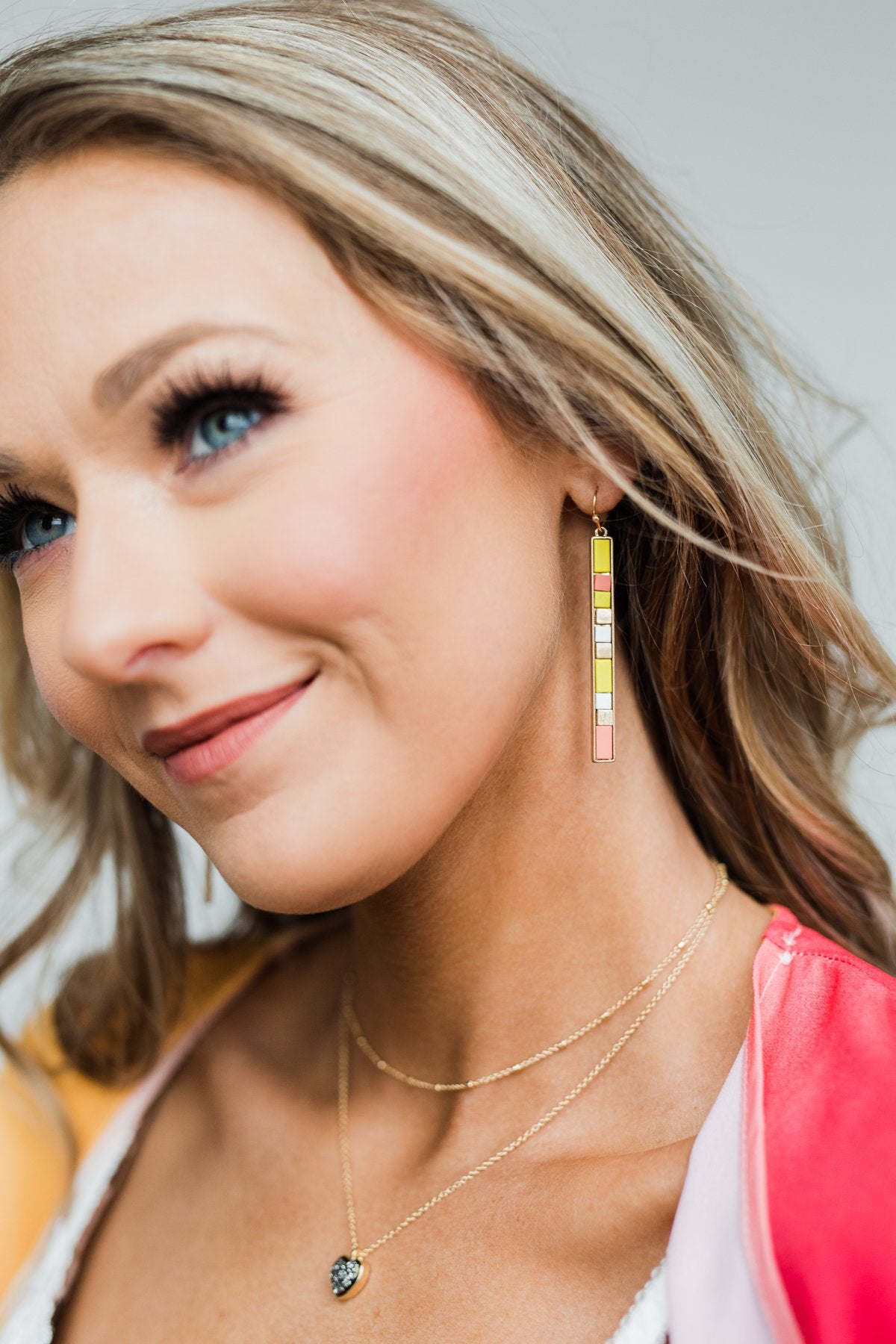 Colorful Bar Gold Earrings- Yellow & Mauve