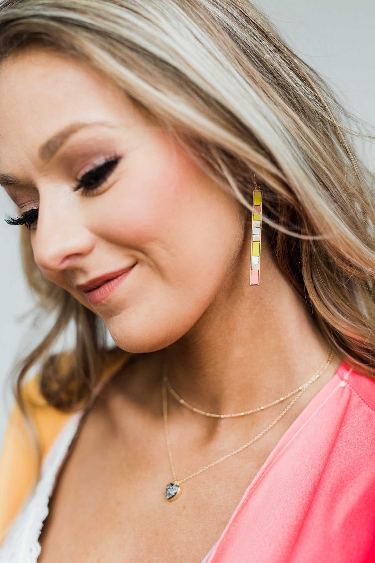 Colorful Bar Gold Earrings- Yellow & Mauve