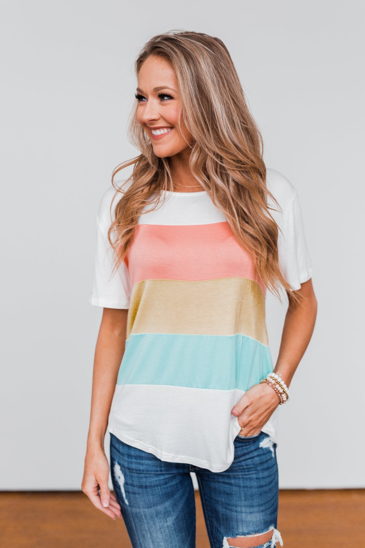 Day By Day Color Block Top- Coral, Yellow, & Blue