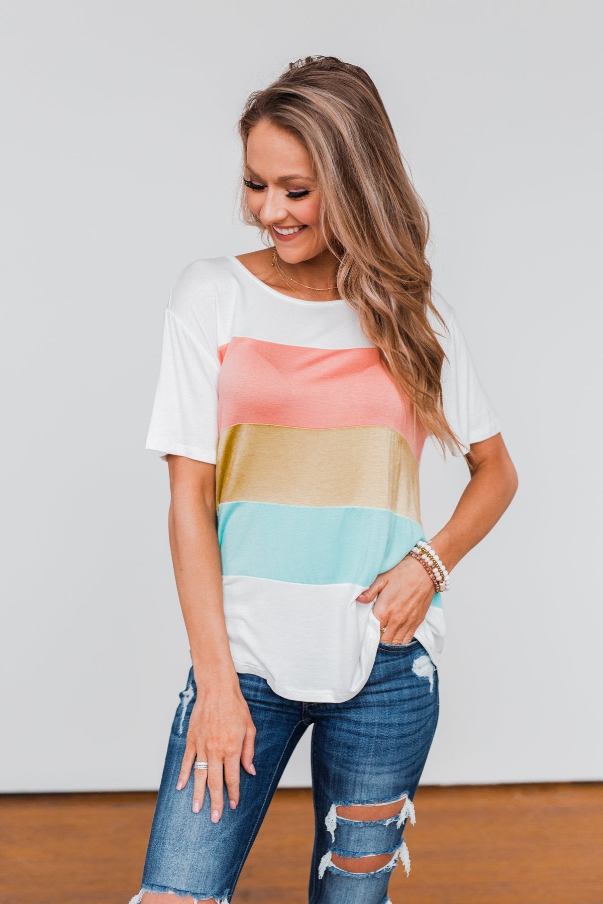Day By Day Color Block Top- Coral, Yellow, & Blue