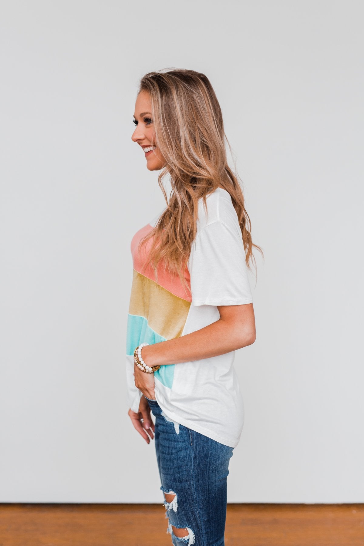 Day By Day Color Block Top- Coral, Yellow, & Blue
