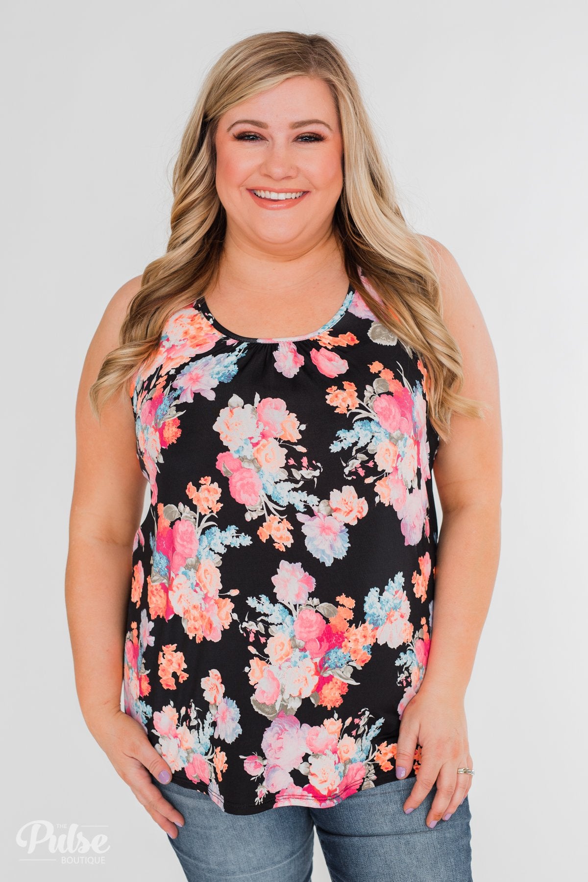 A Coral Floral Summer Tank- Black
