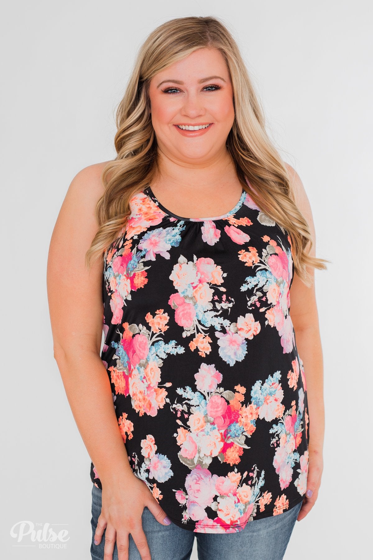A Coral Floral Summer Tank- Black