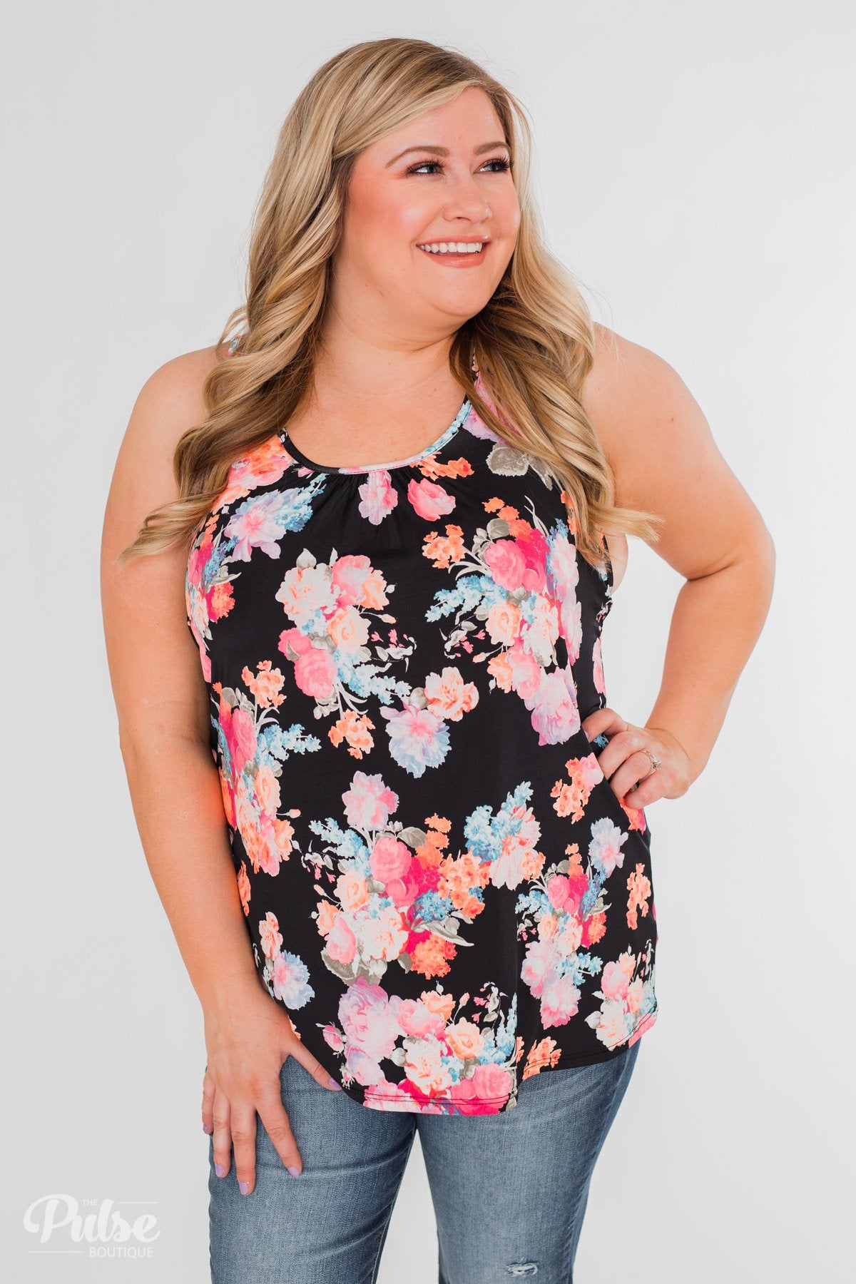 A Coral Floral Summer Tank- Black