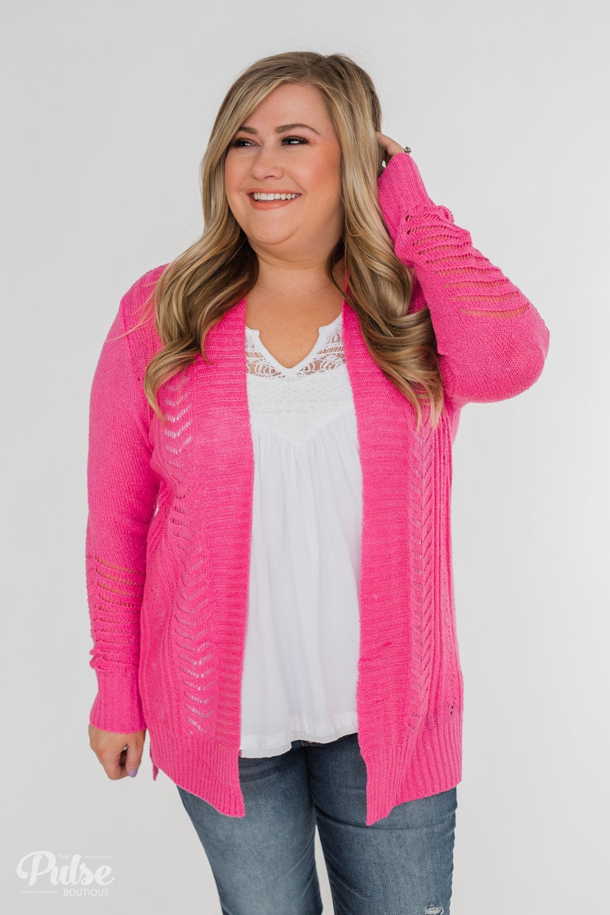 Open Front Pointelle Cardigan- Hot Pink - Main Image