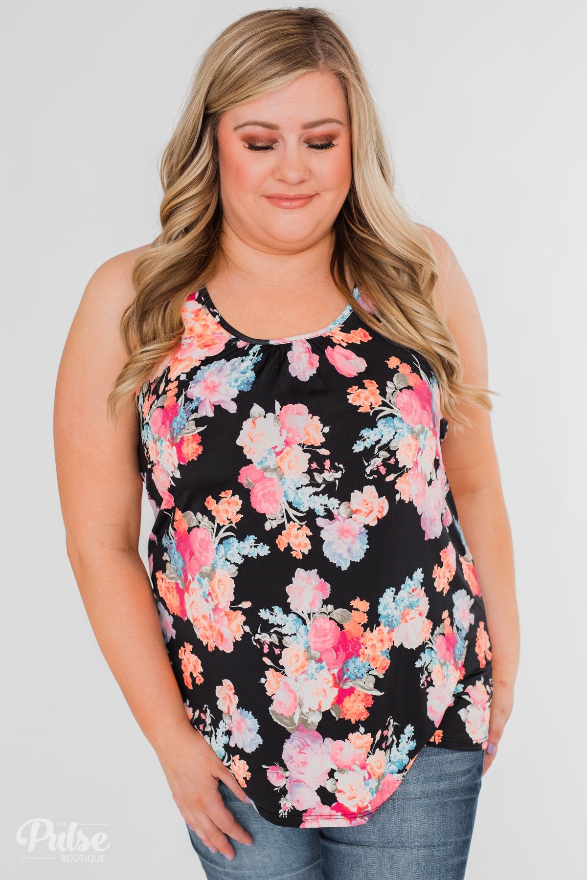 A Coral Floral Summer Tank- Black