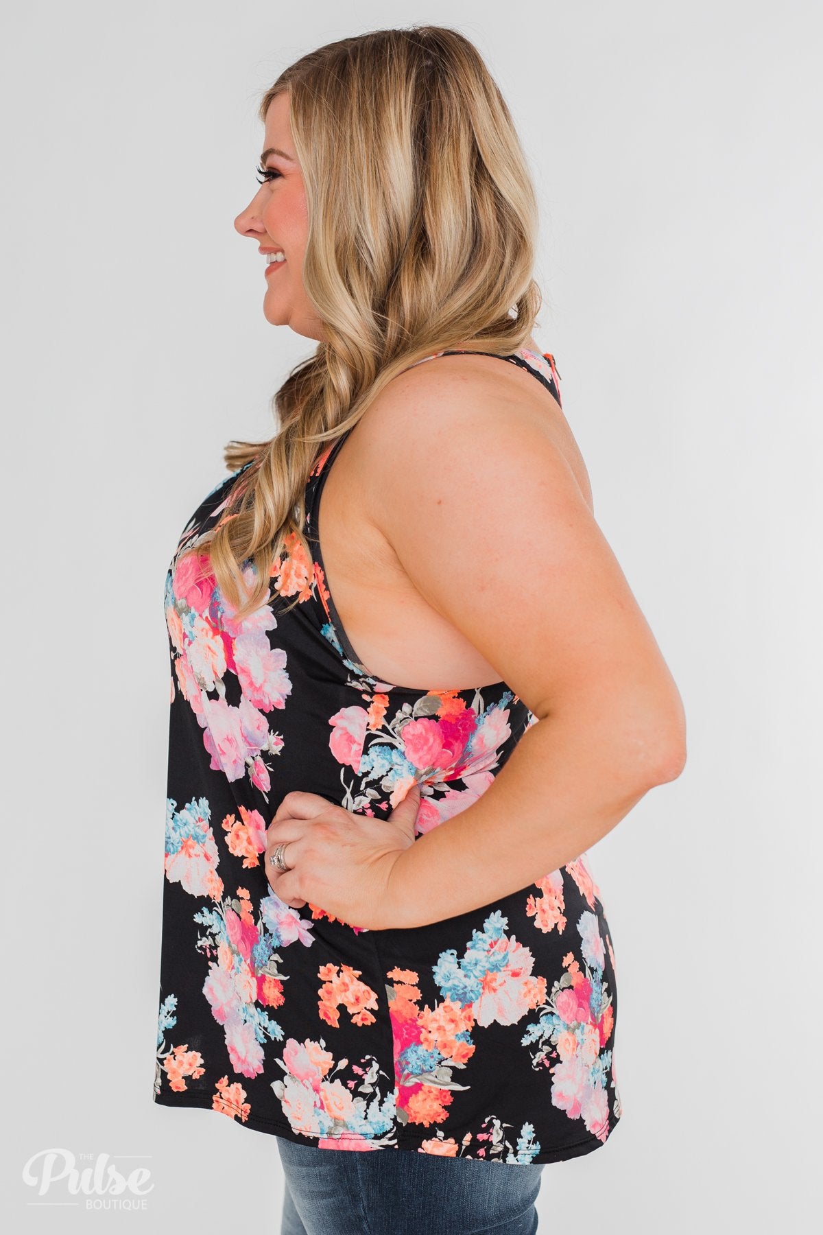 A Coral Floral Summer Tank- Black