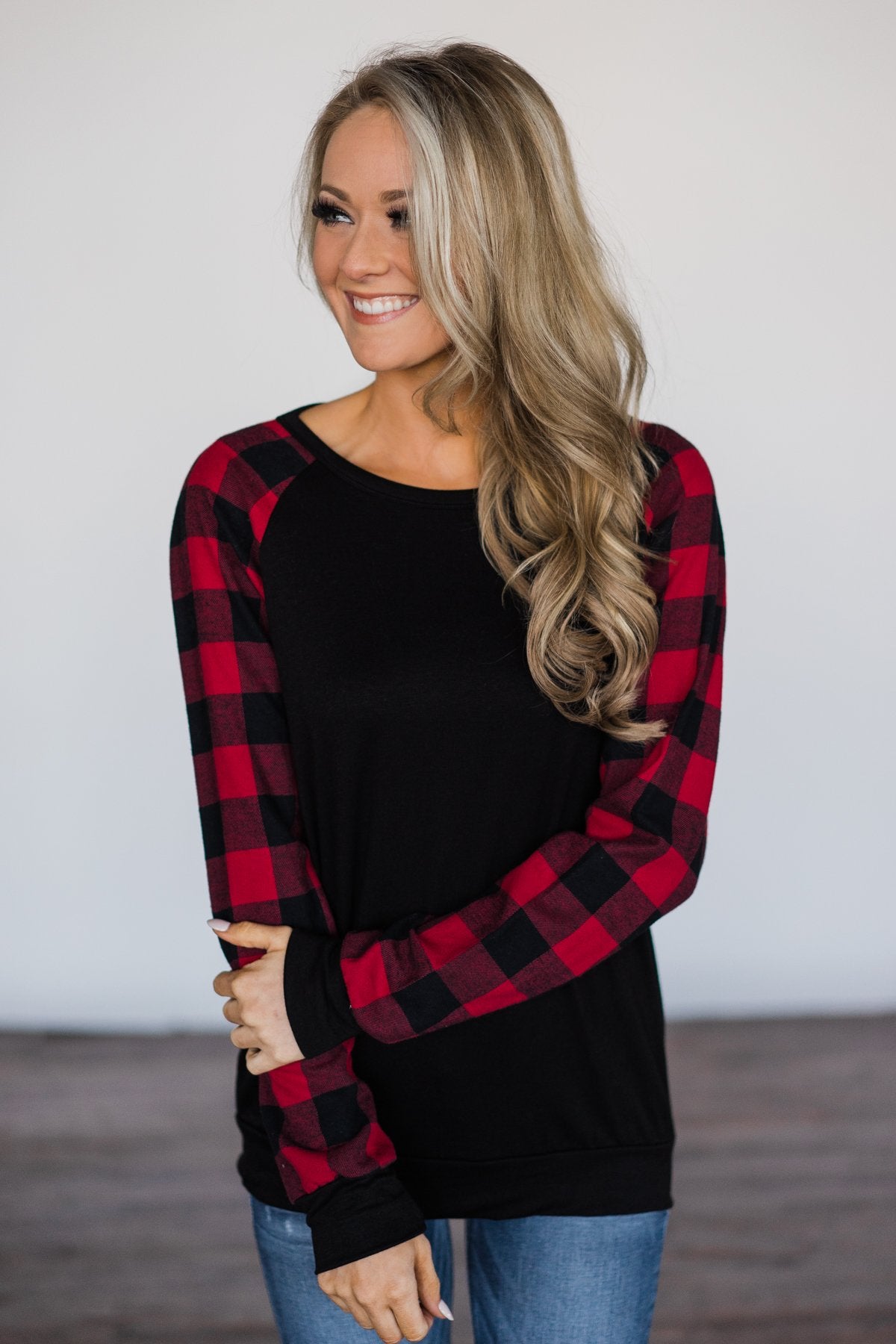 Fireside Kisses Black & Buffalo Plaid Top