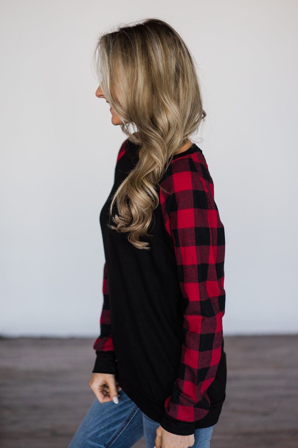Fireside Kisses Black & Buffalo Plaid Top