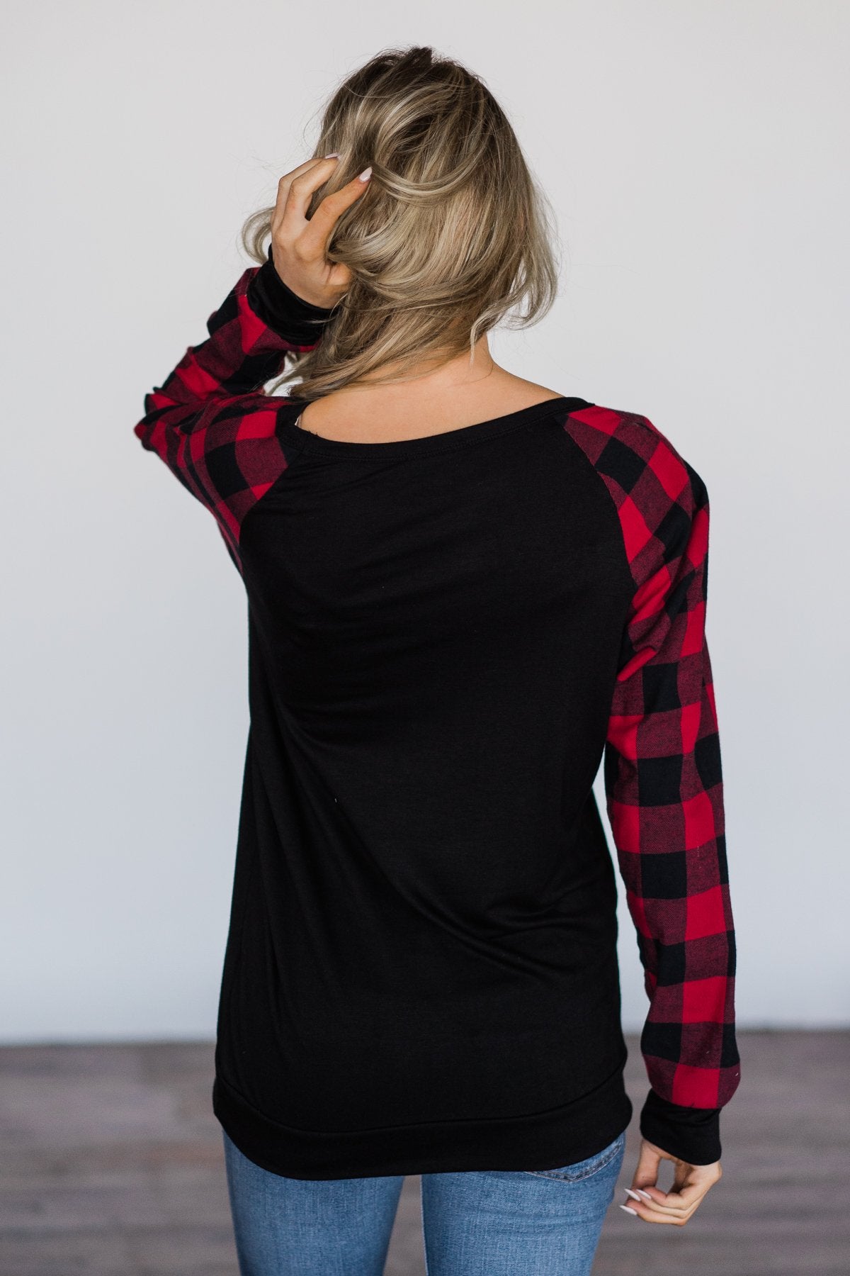 Fireside Kisses Black & Buffalo Plaid Top