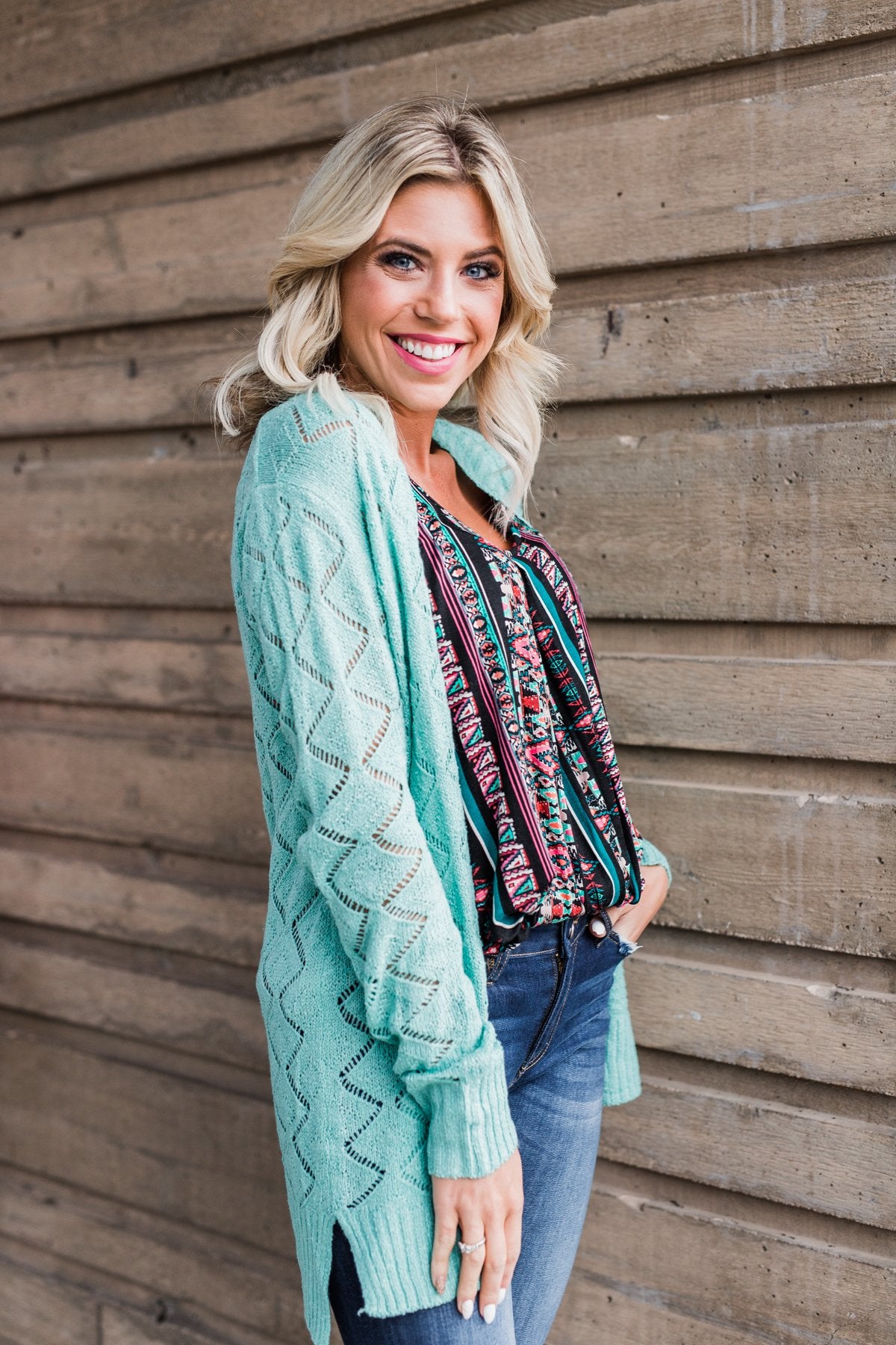 Knit Pointelle Cardigan - Teal
