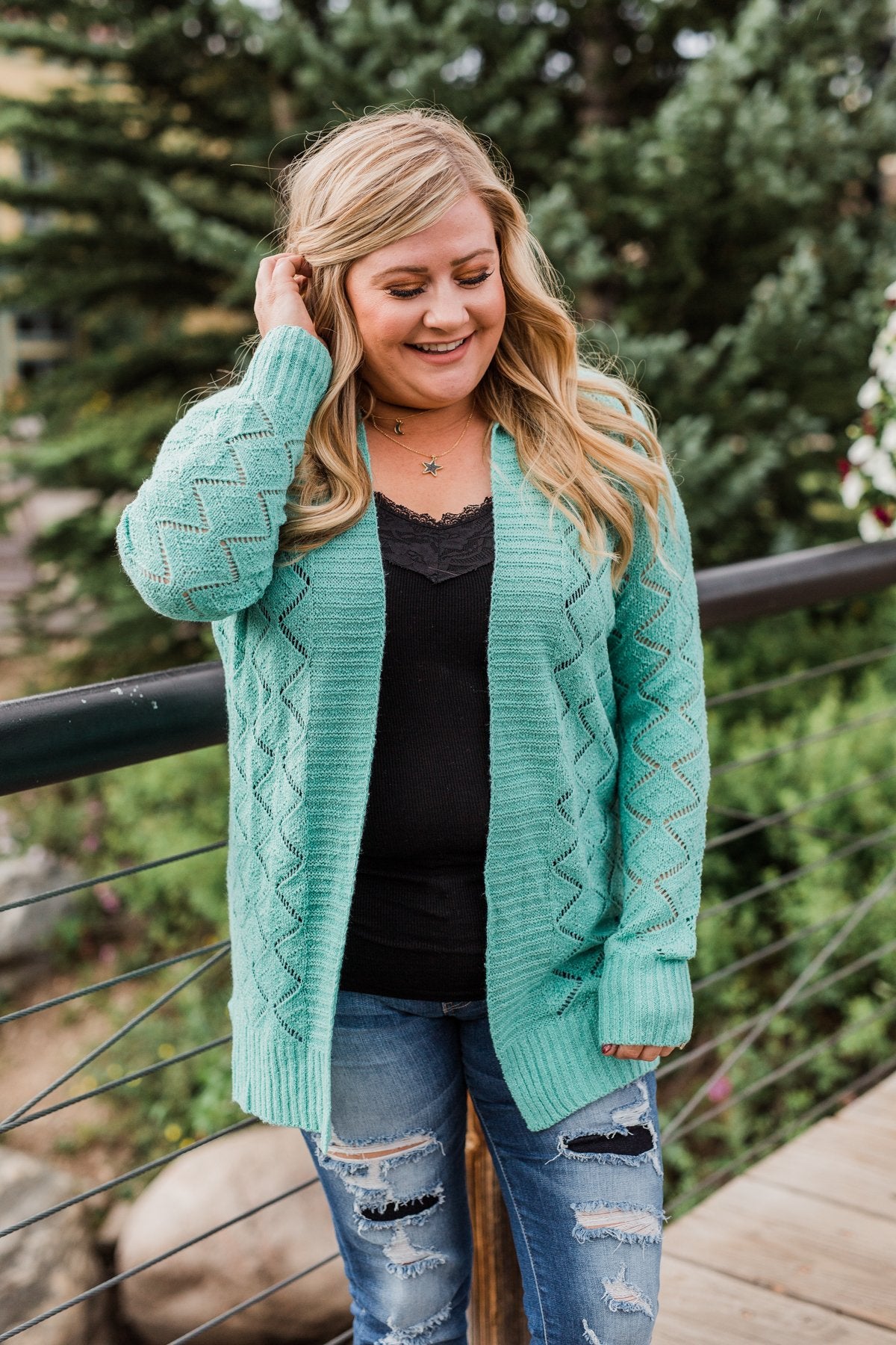 Knit Pointelle Cardigan - Teal