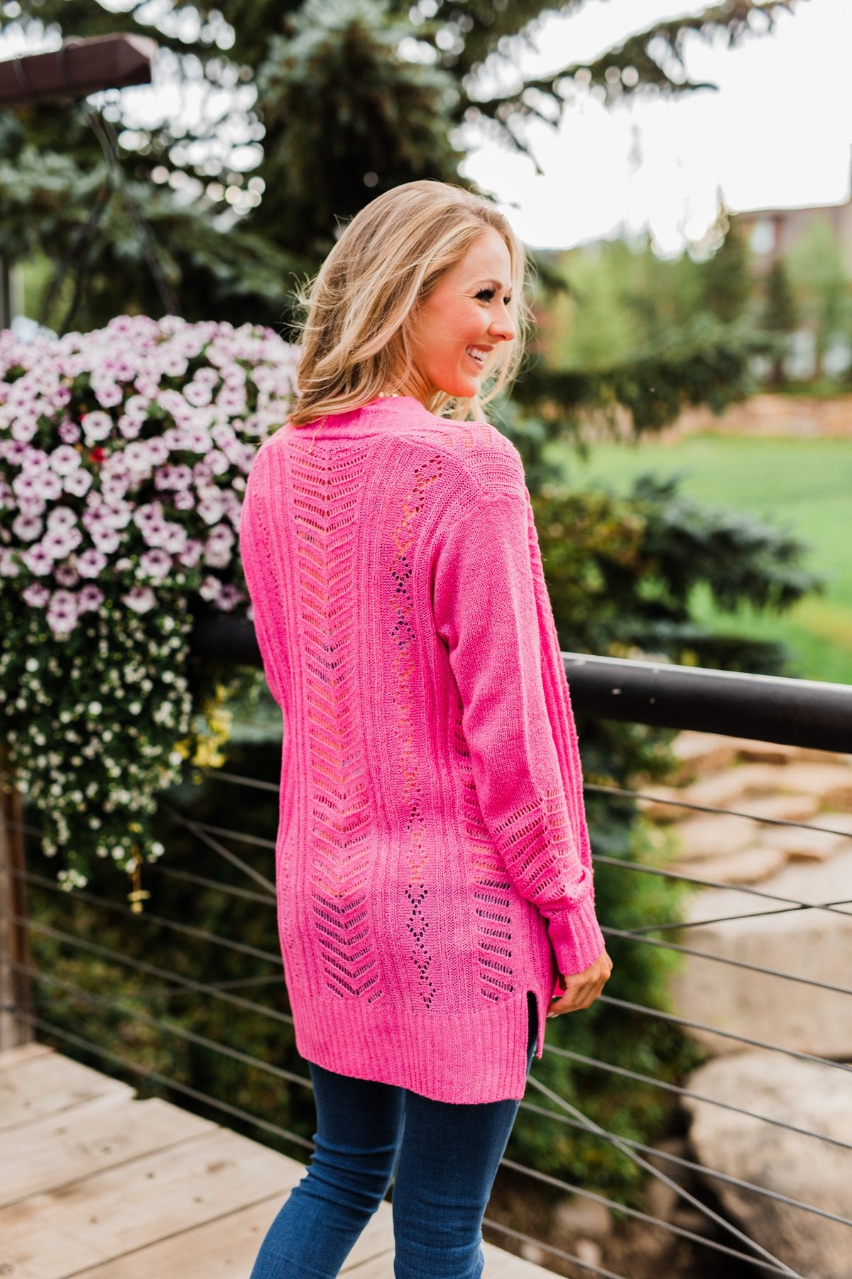 Daily High Point Coral Pink Short Sleeve Pointelle Cardigan