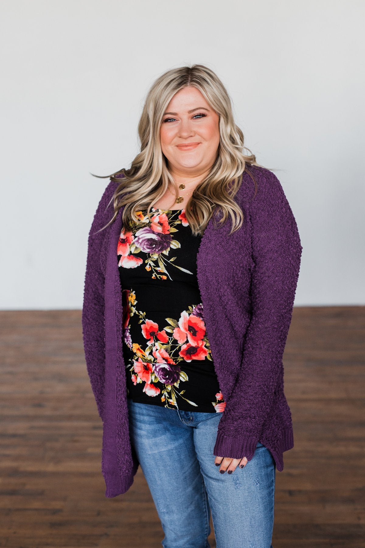 Stealing Glances Popcorn Knit Cardigan- Eggplant