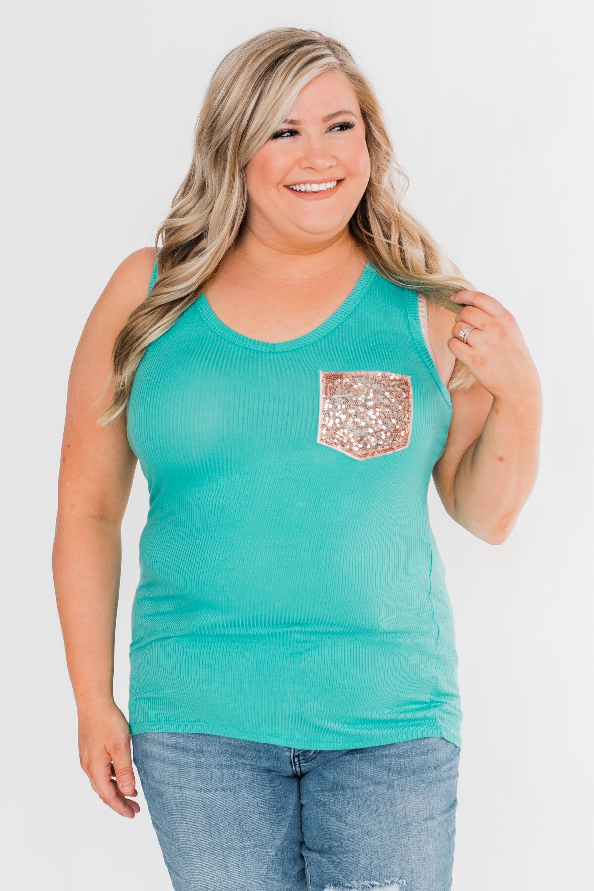 Hello Gorgeous Sequin Pocket Tank Top- Turquoise