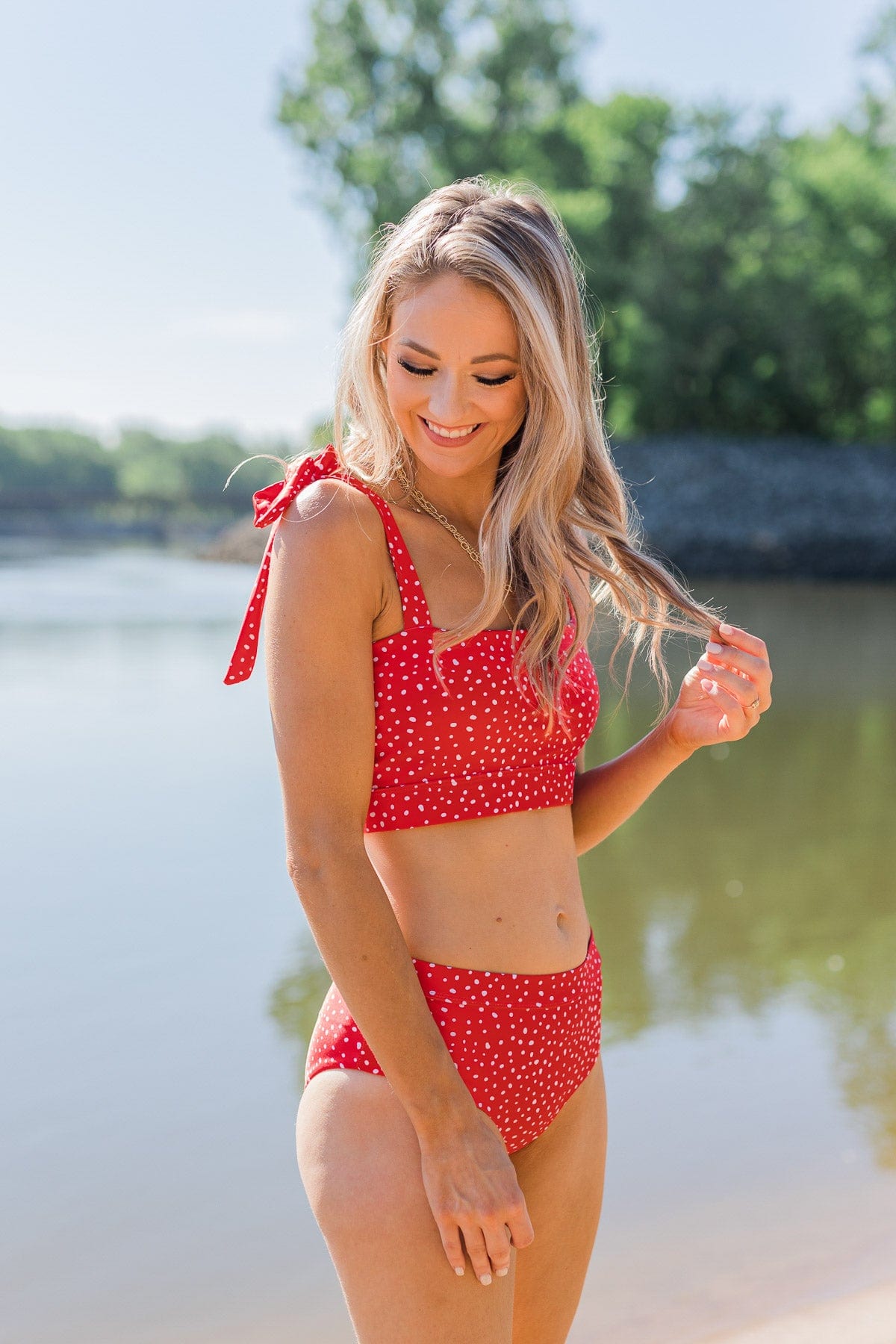 Chasing The Sun Spotted Bandeau Swim Top- Red