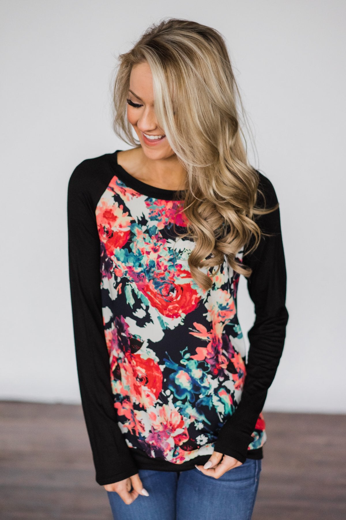 Never Shy Black Floral Long Sleeve Top