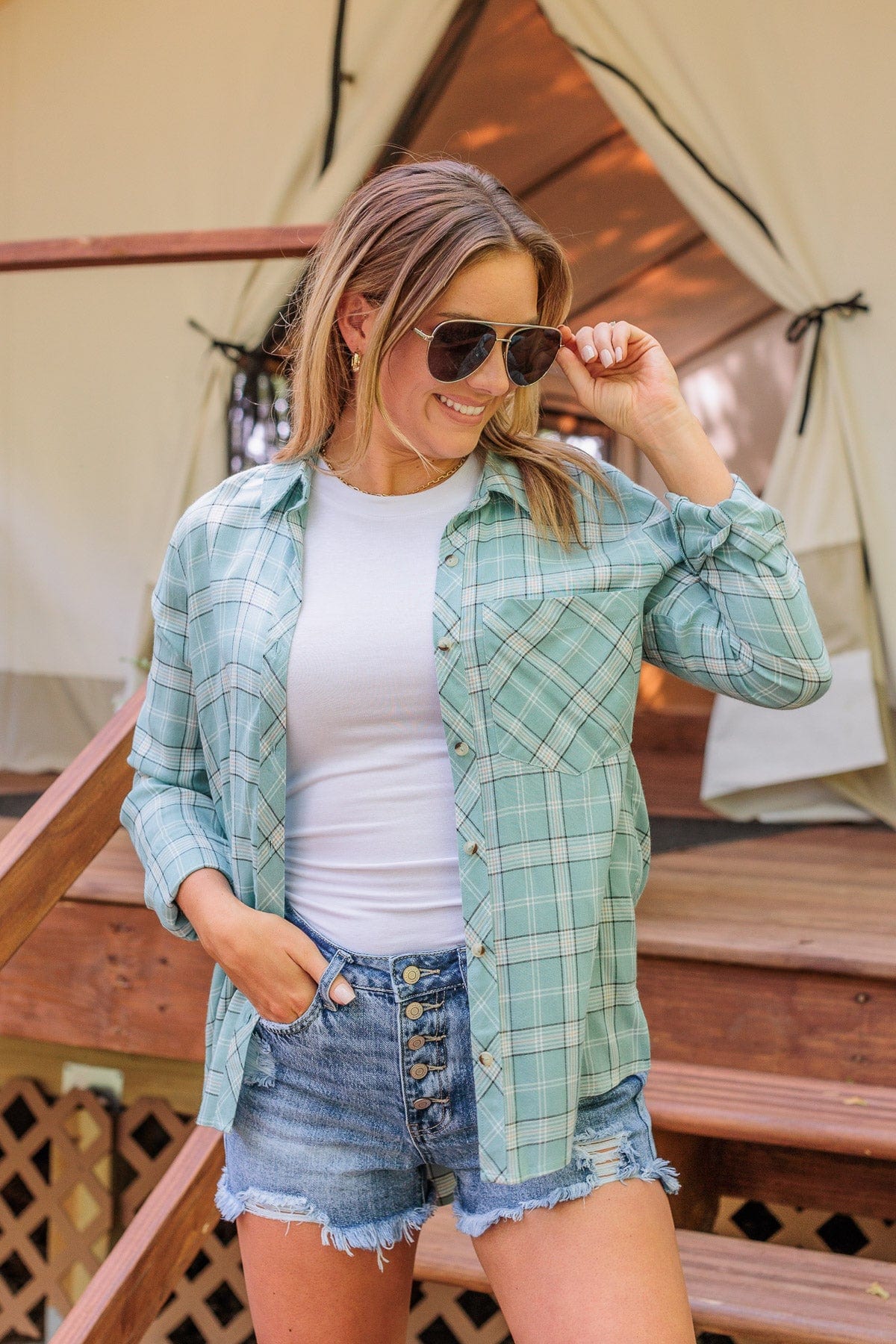 Holding Up My Own Plaid Top- Mint