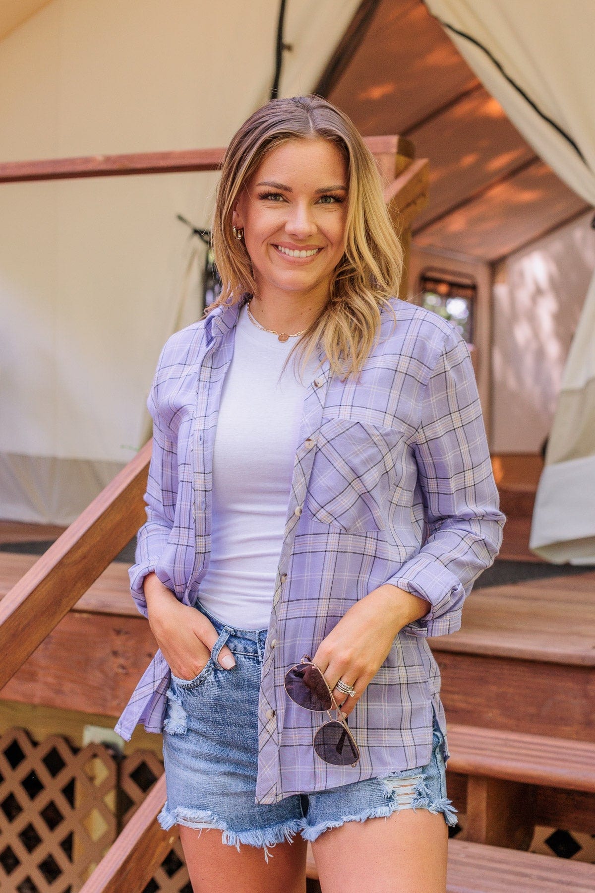 Holding Up My Own Plaid Top- Lavender