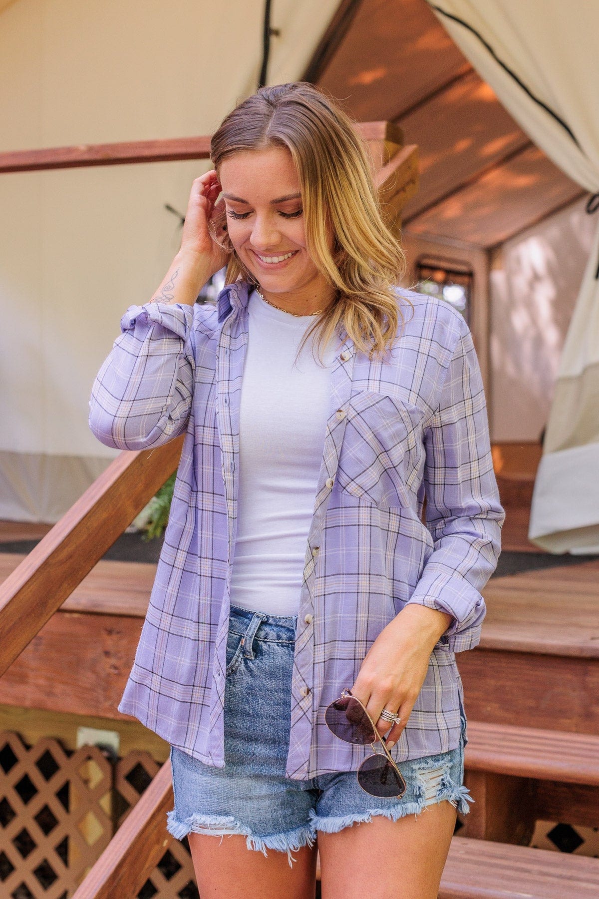 Holding Up My Own Plaid Top- Lavender