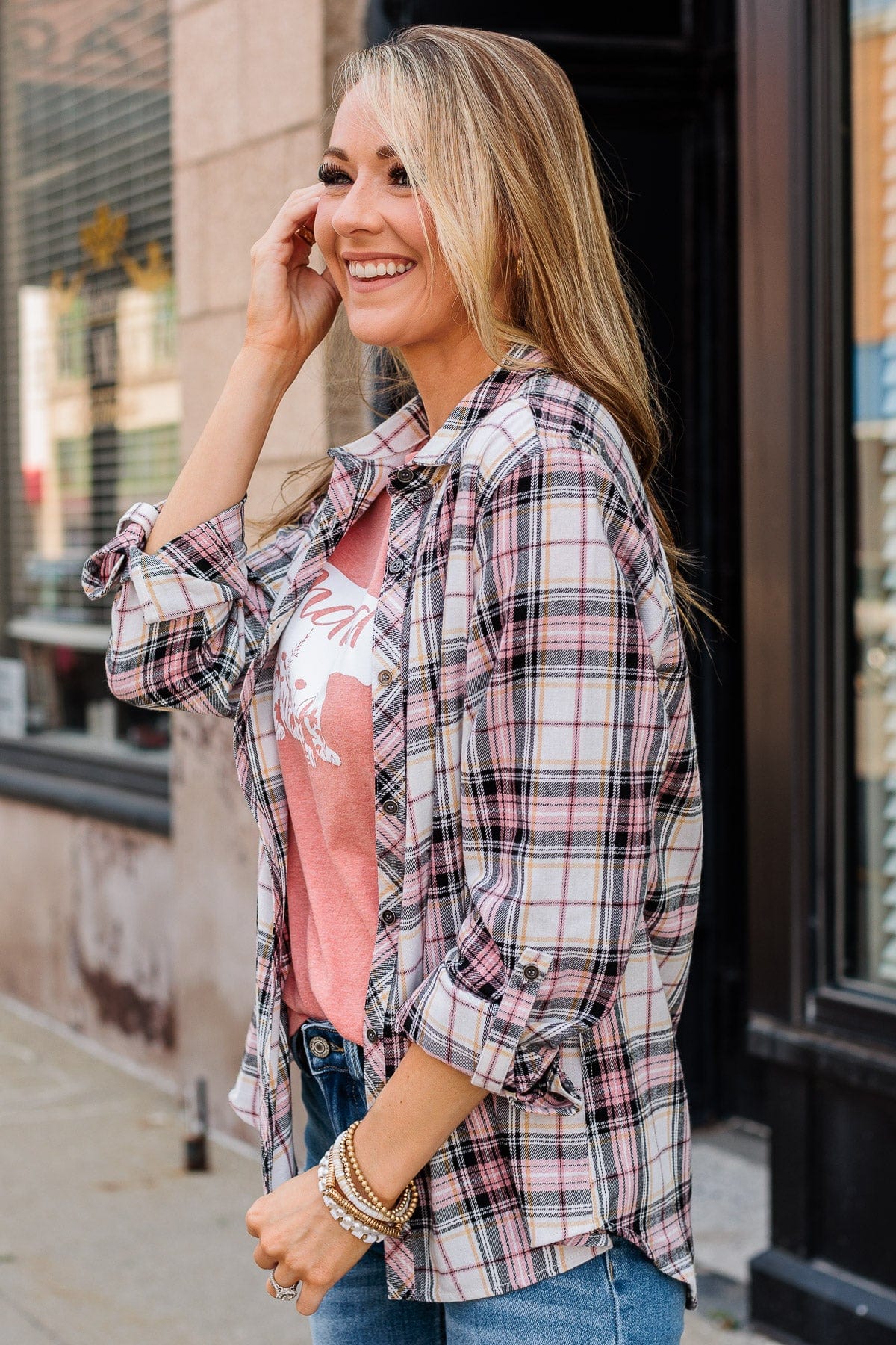 Lovely Seeing You Button Down Flannel- Ivory & Pink