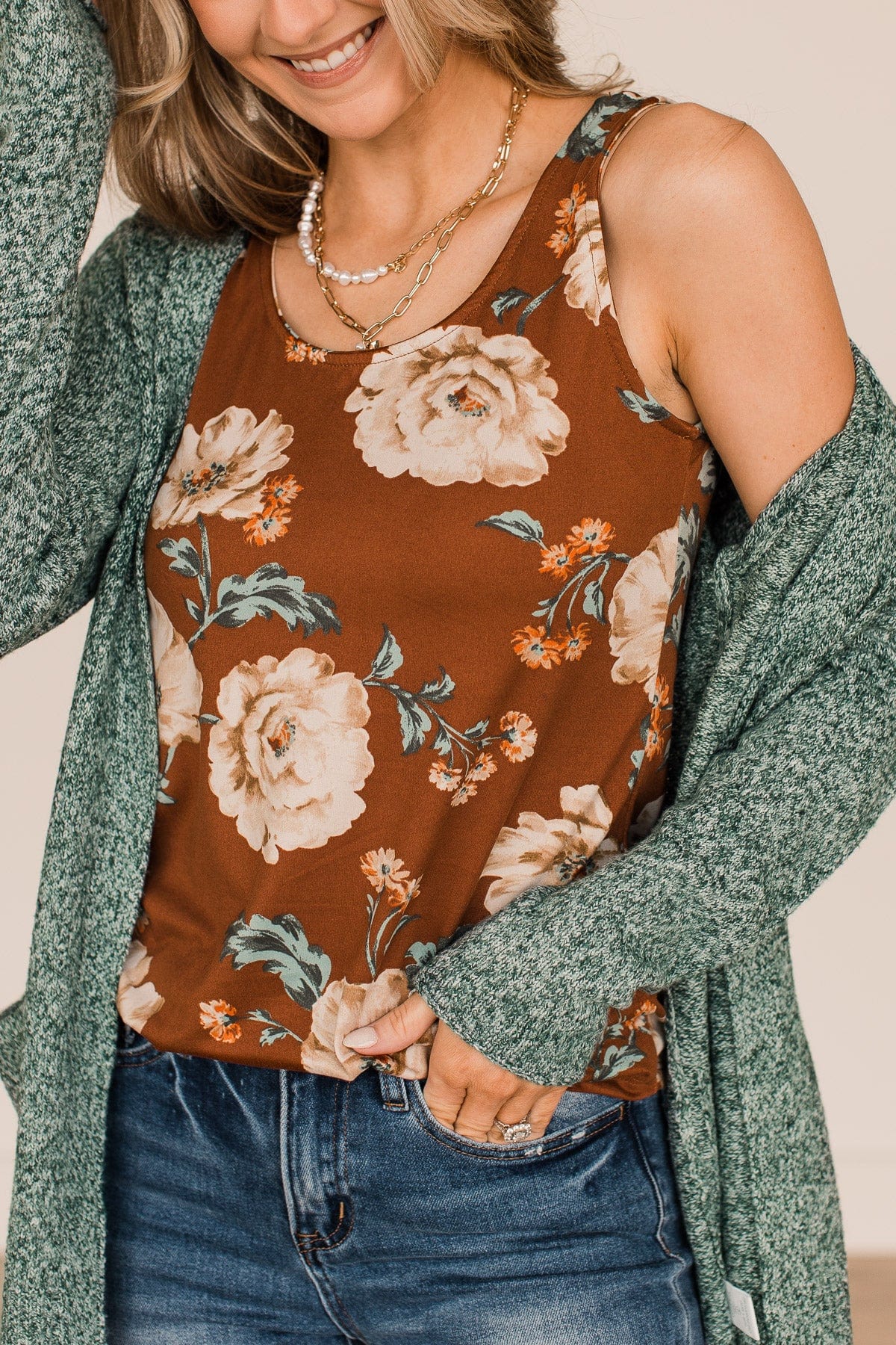 Keep It Up Floral Tank Top- Brown