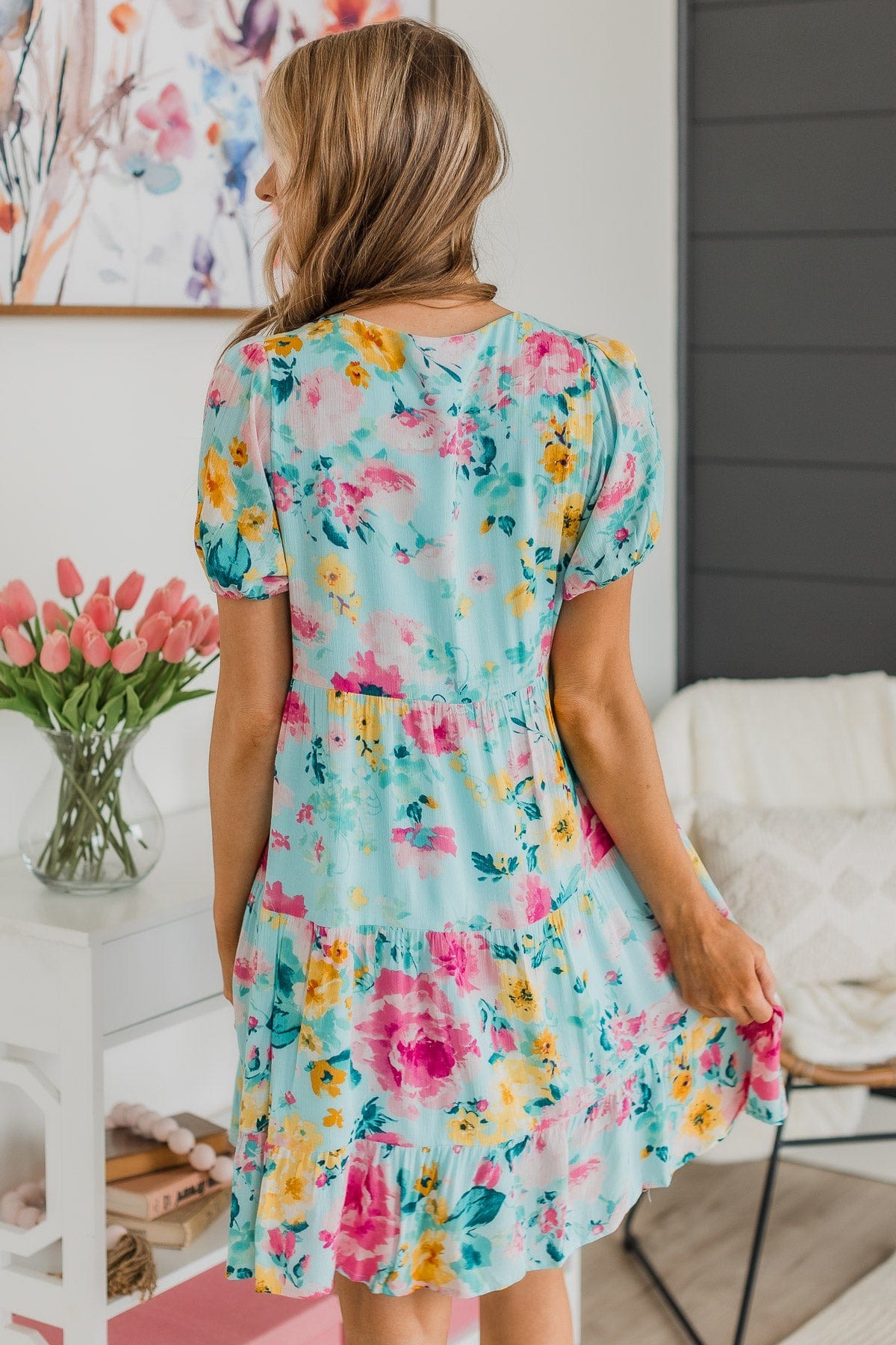 Steal You Away Tiered Floral Dress- Aqua Blue