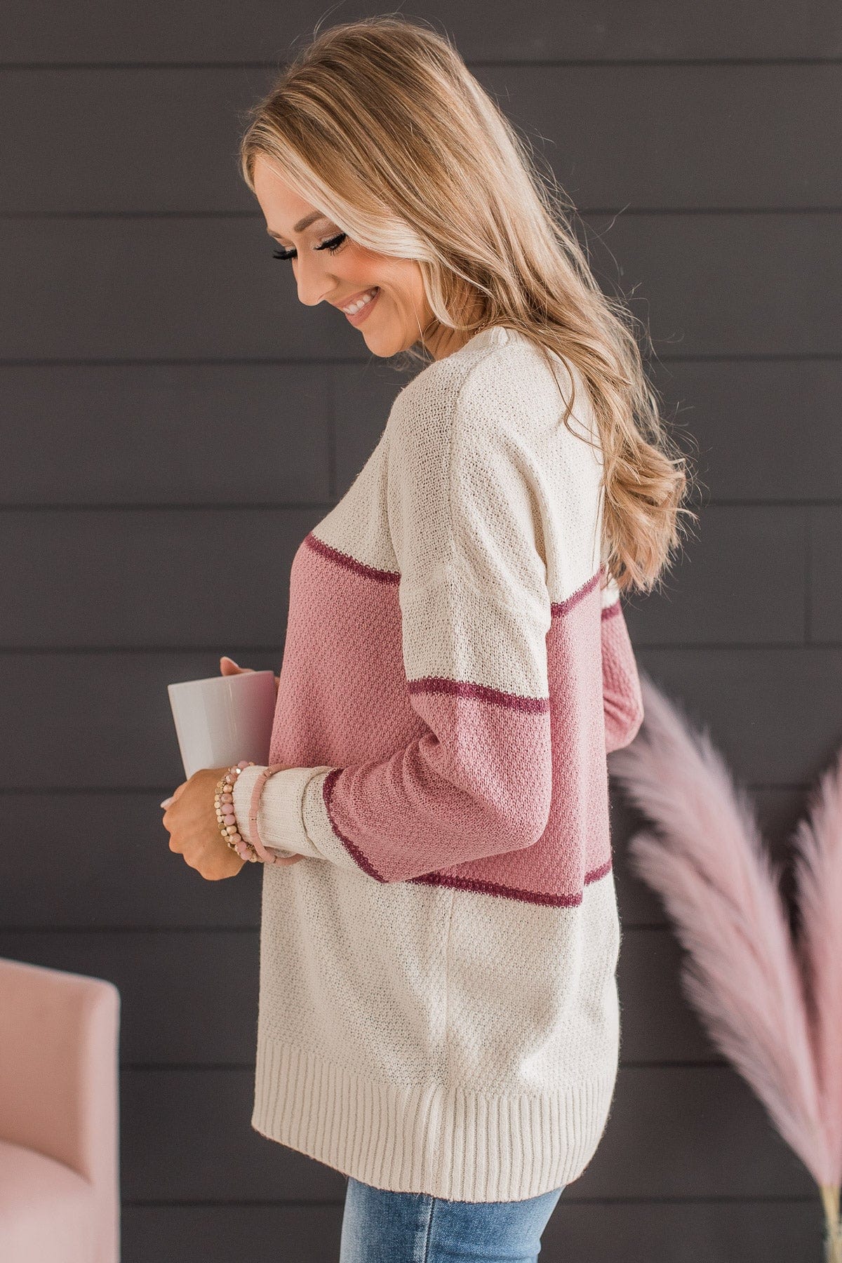 Always There For You Knit Sweater- Ivory & Rose Pink