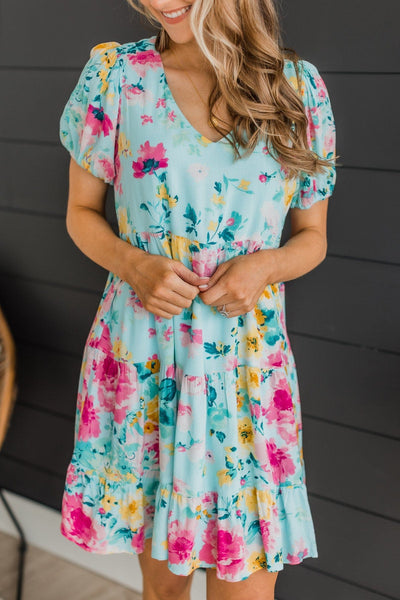 Steal You Away Tiered Floral Dress- Aqua Blue – The Pulse Boutique