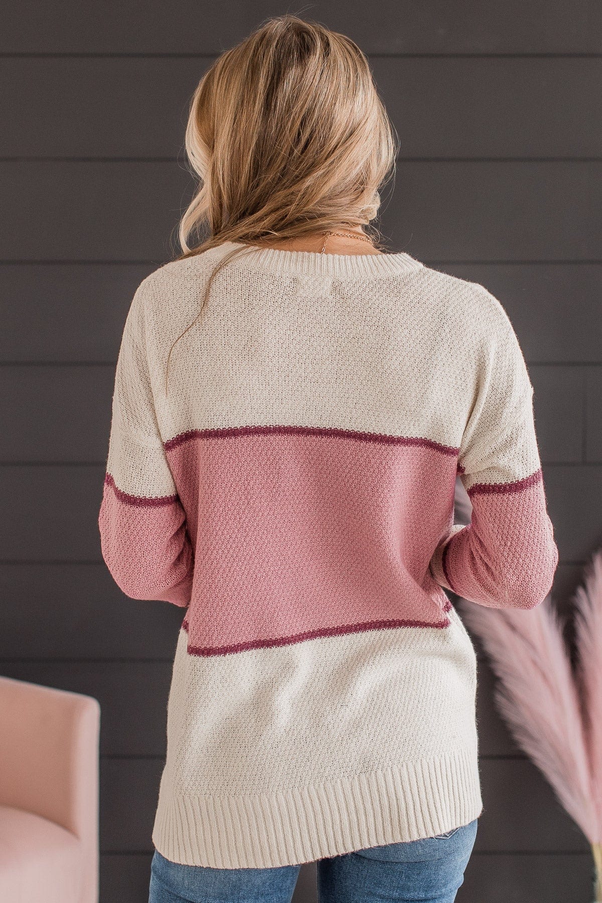 Always There For You Knit Sweater- Ivory & Rose Pink
