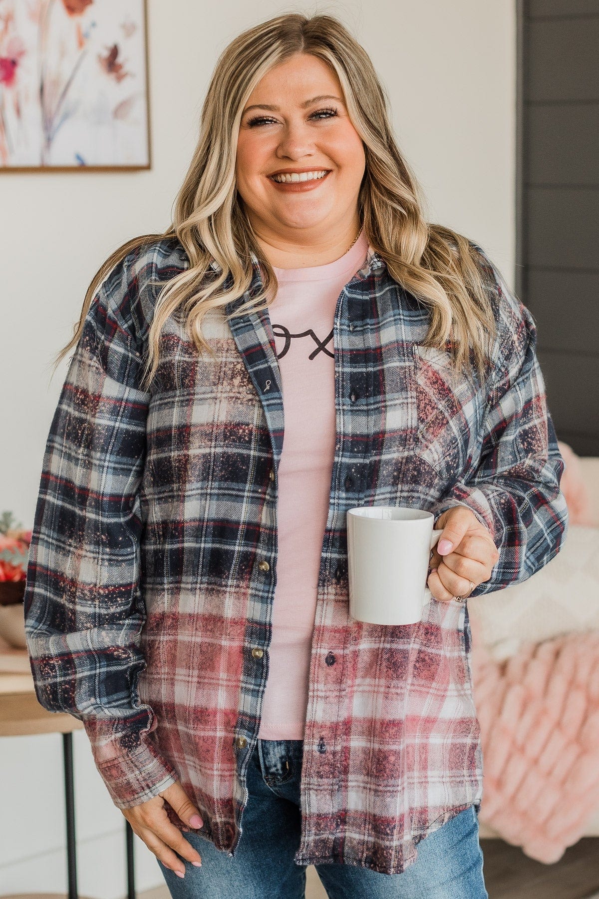 Follow You Anywhere Bleached Plaid Top- Navy & Pink