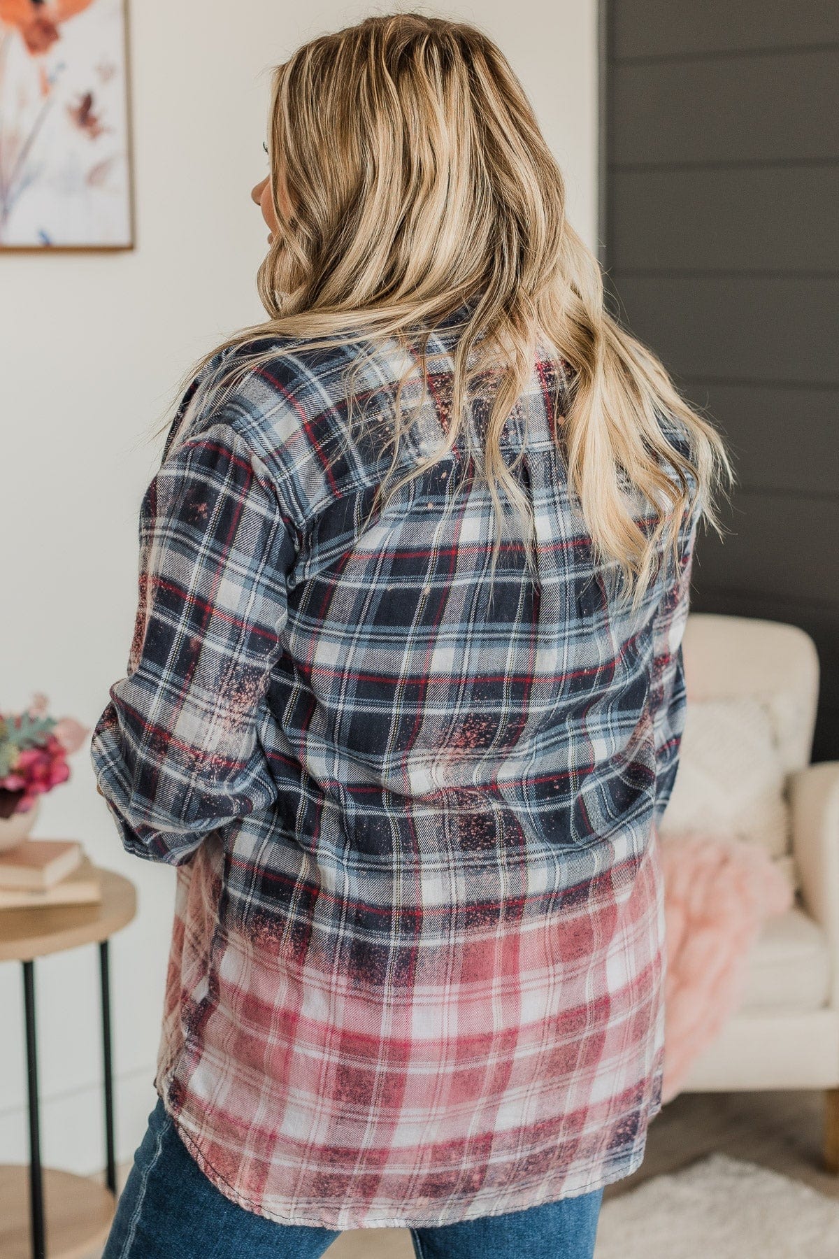 Follow You Anywhere Bleached Plaid Top- Navy & Pink