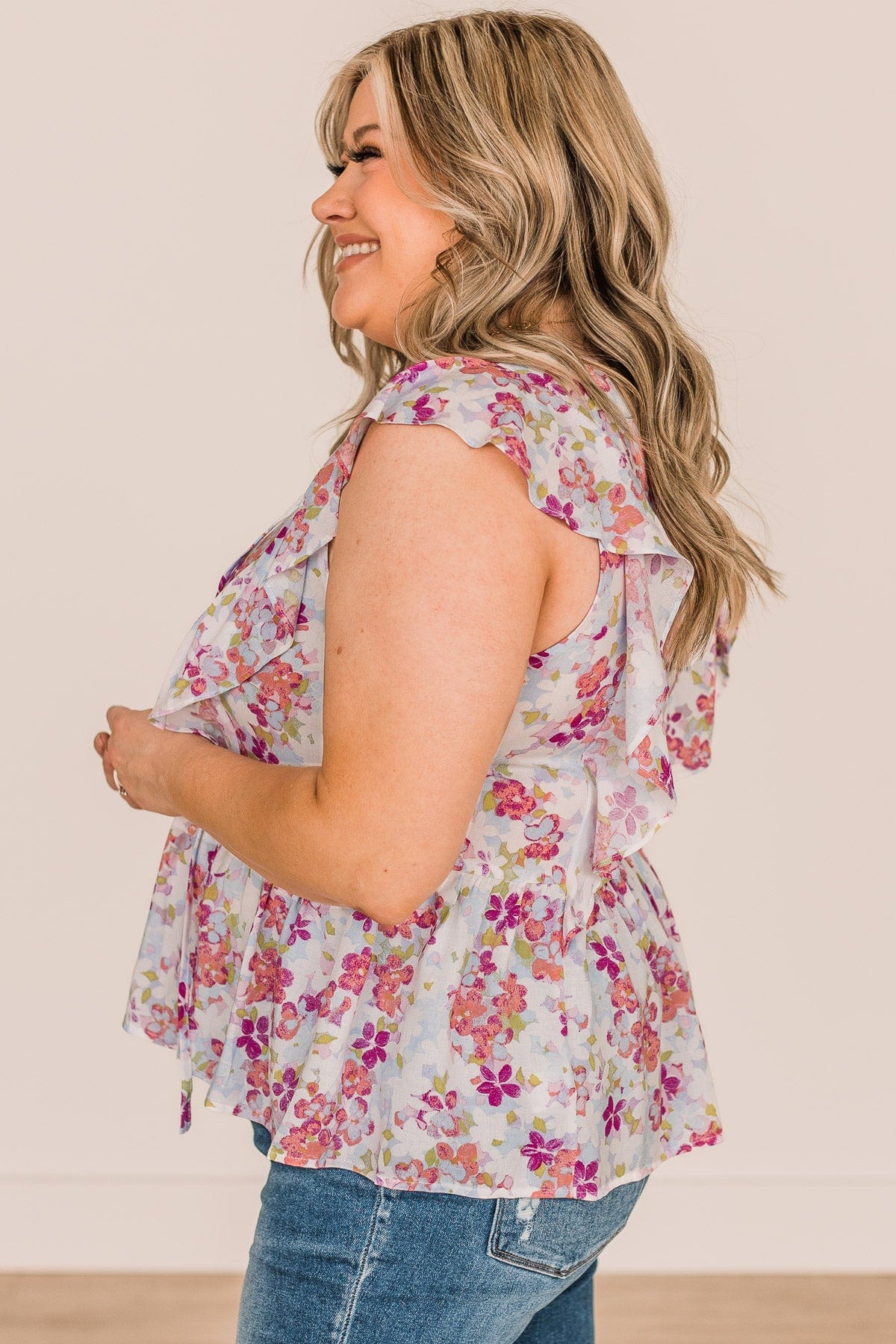 Kind Regards Floral Babydoll Blouse- Light Blue & Magenta