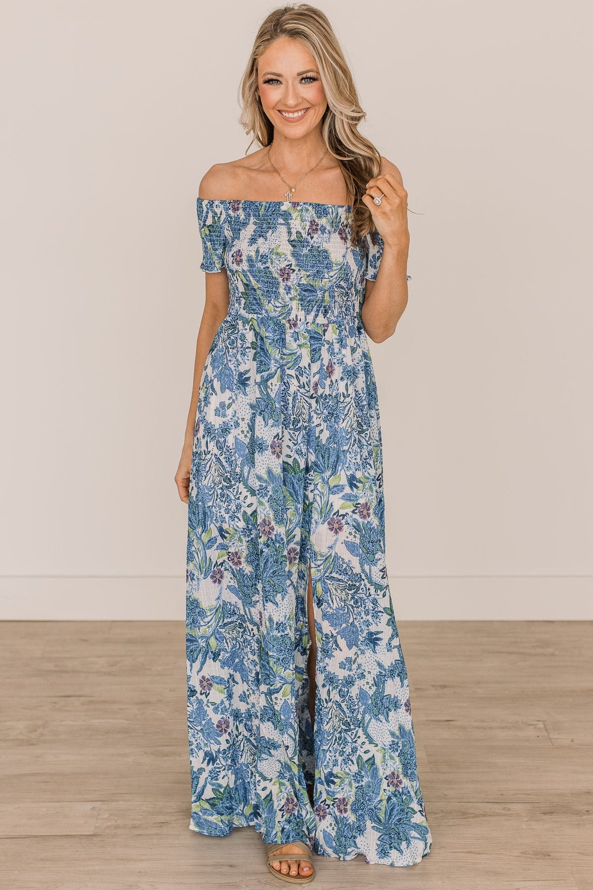 Show Your Radiance Smocked Maxi Dress- Ivory & Blue