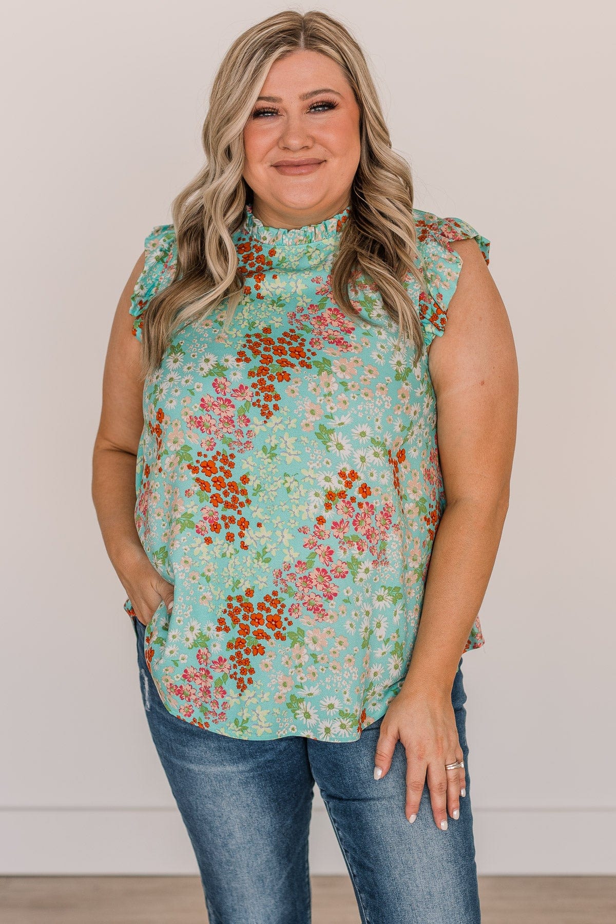 Right Beside You Floral Ruffle Top- Blue