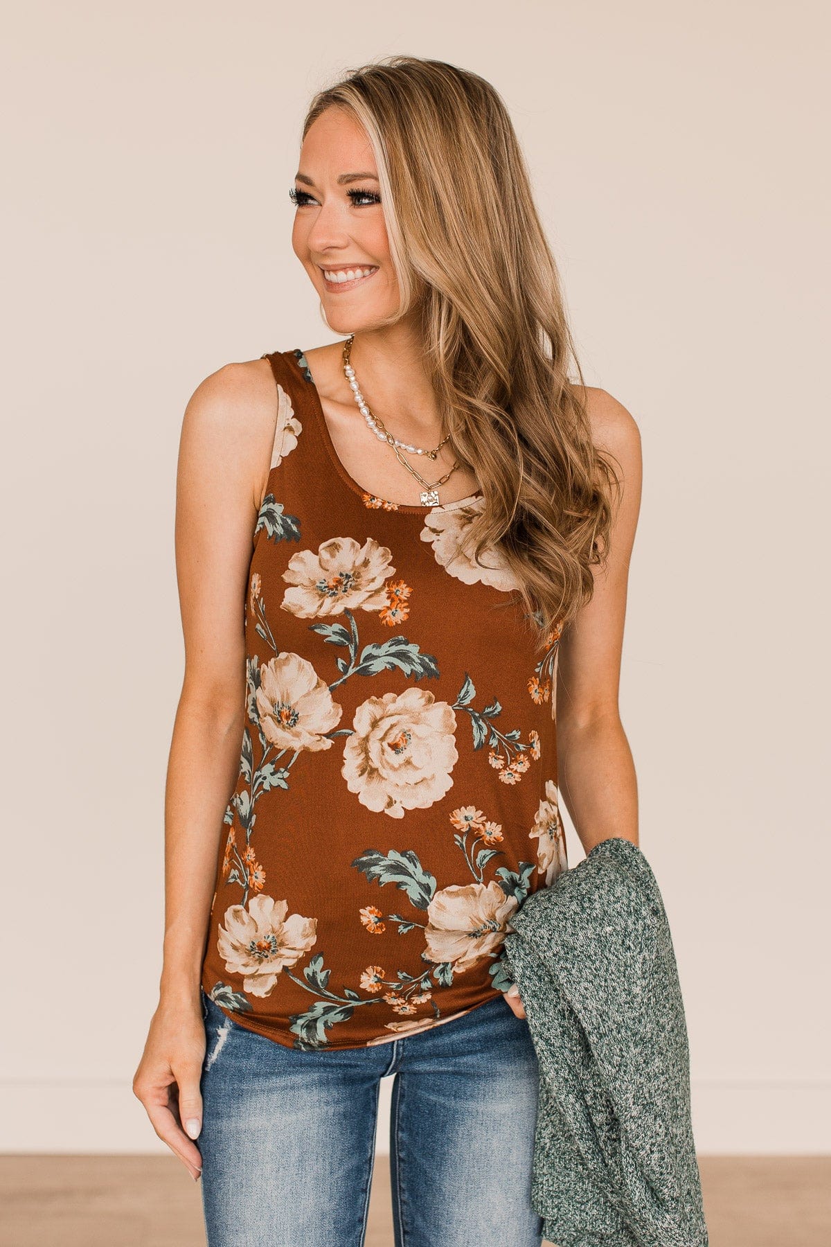 Keep It Up Floral Tank Top- Brown